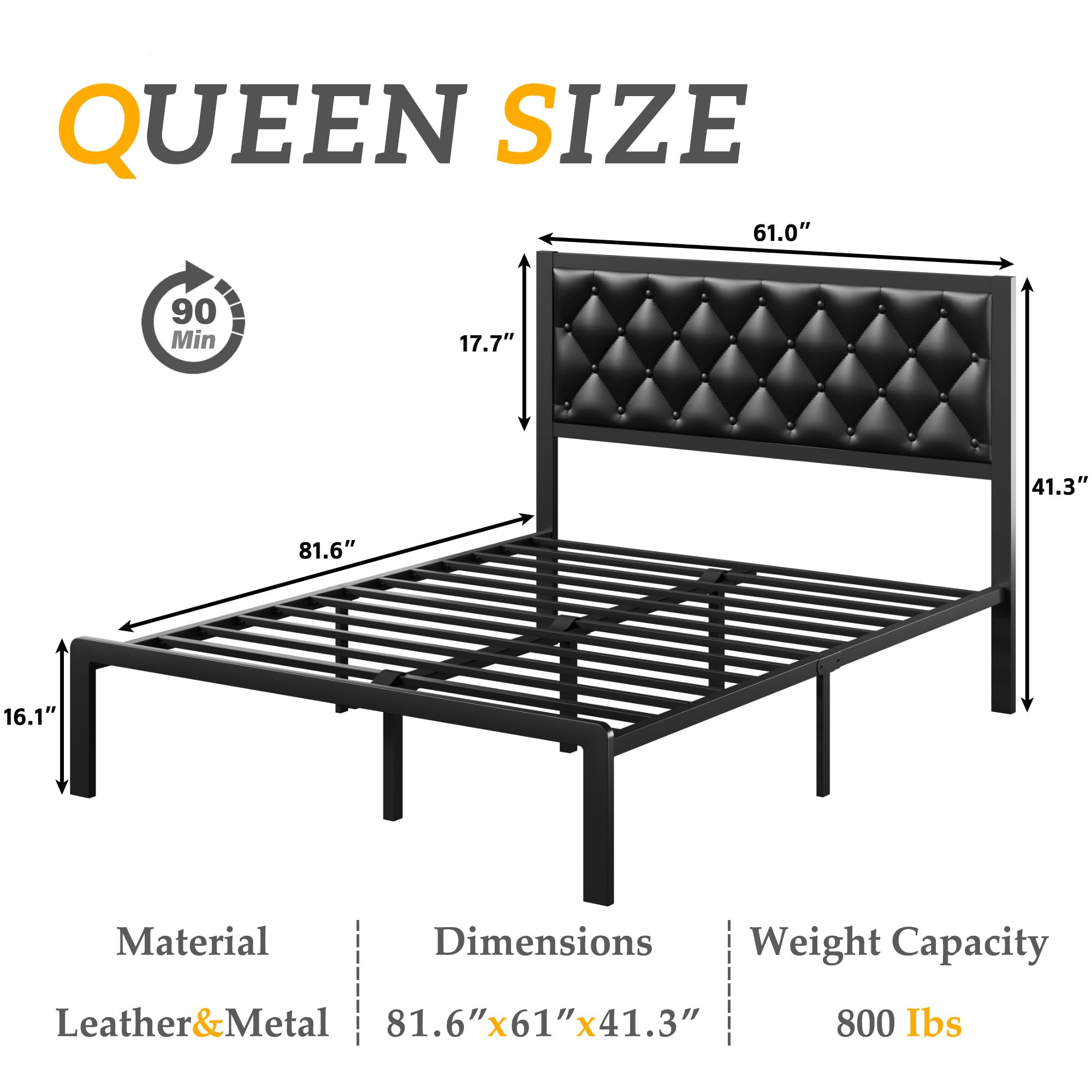 HISOFT Queen Bed Frame with Upholstered Button Tufted Headboard, Bed Frame Platform Metal Slats Support, Under Bed Storage, No Box Spring Needed, Noise-Free, Easy Assembly, Black