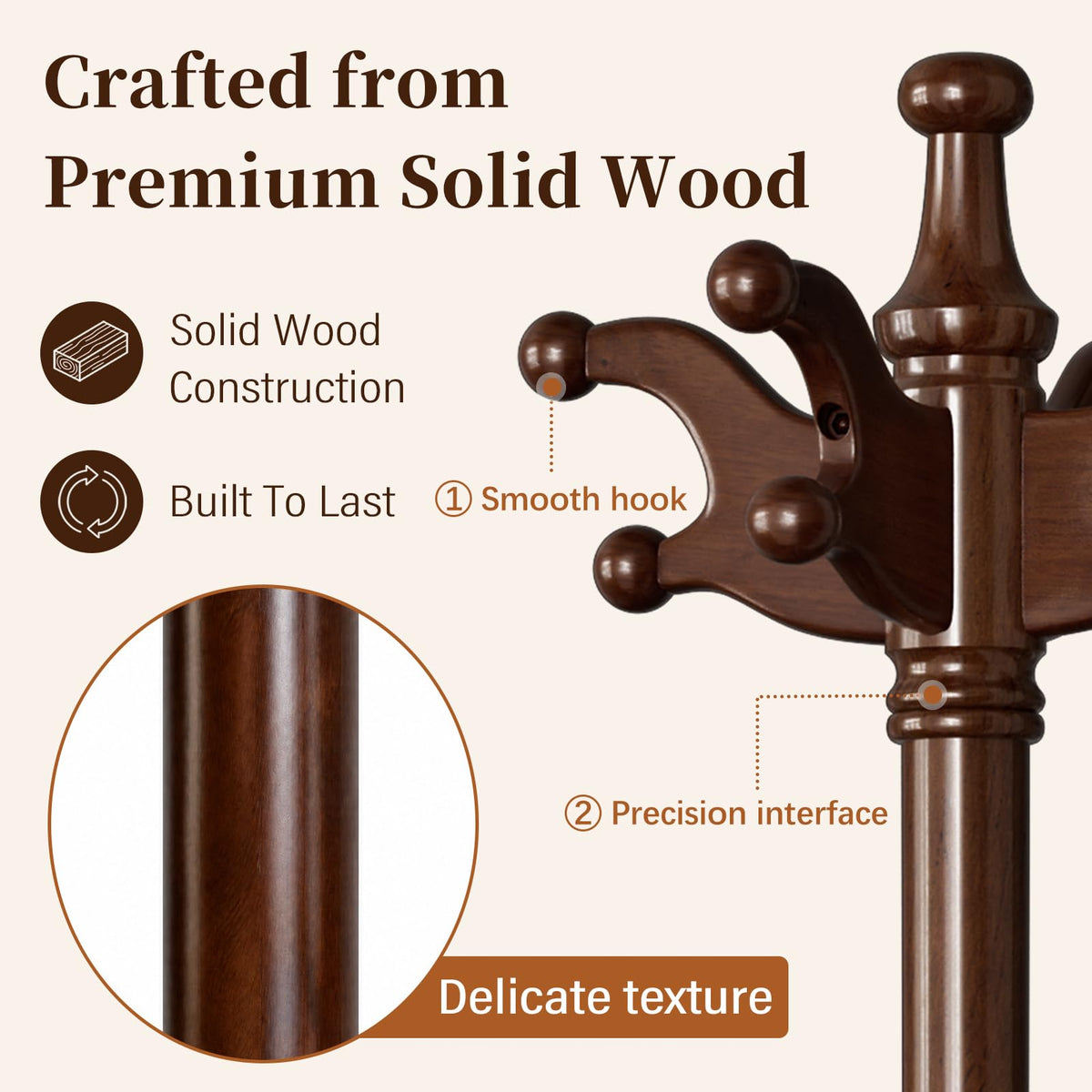 Solid Wood Coat Rack with 7 Hooks