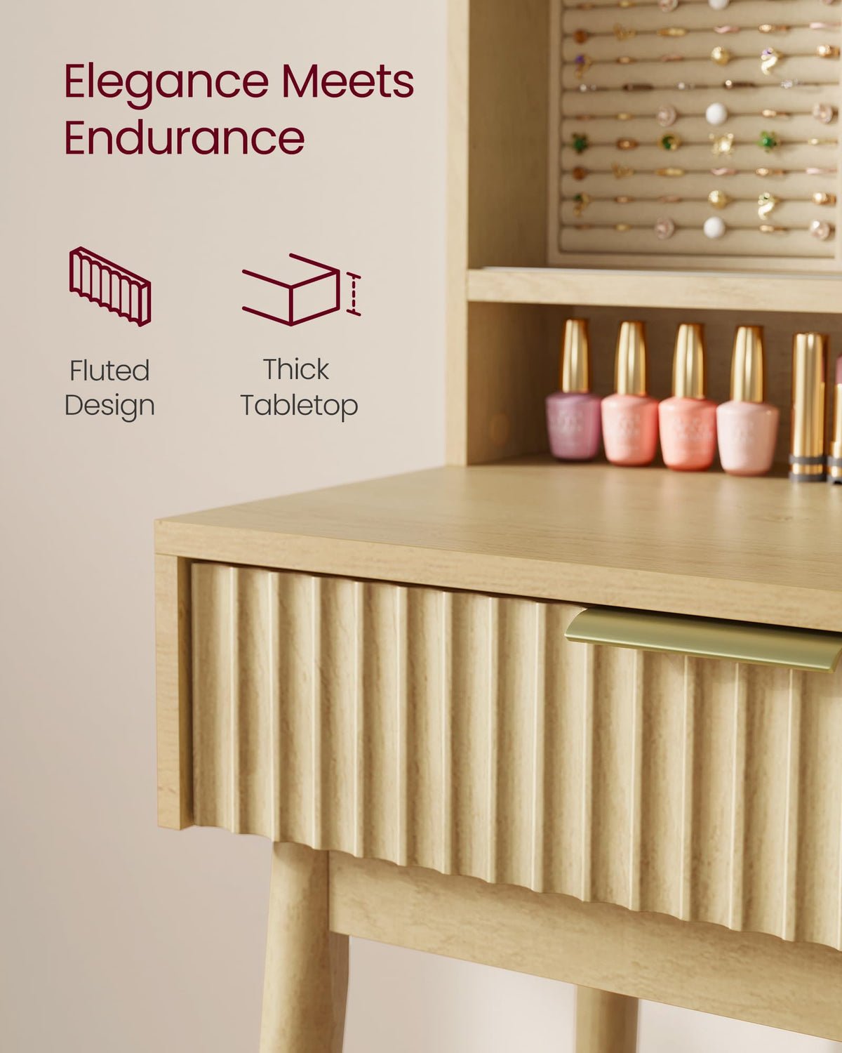 Fluted Vanity Desk with Lighted Sliding Mirror