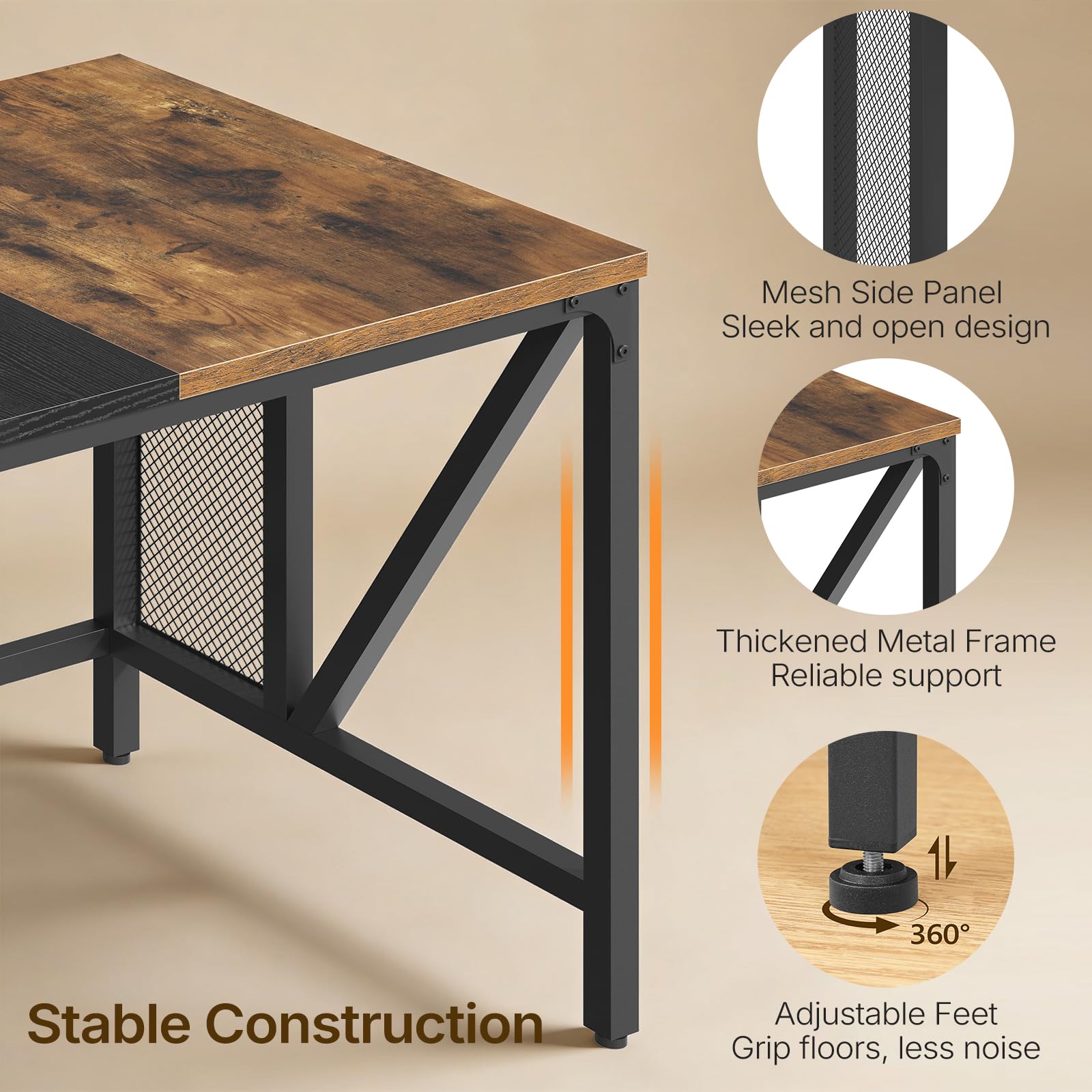 YATINEY 70.9" Computer Desk with Power Outlets, Gaming Desk, Large Office Executive Desk Workstation, Business Furniture for Home Office, Study, Rustic Brown and Black DN18UBR