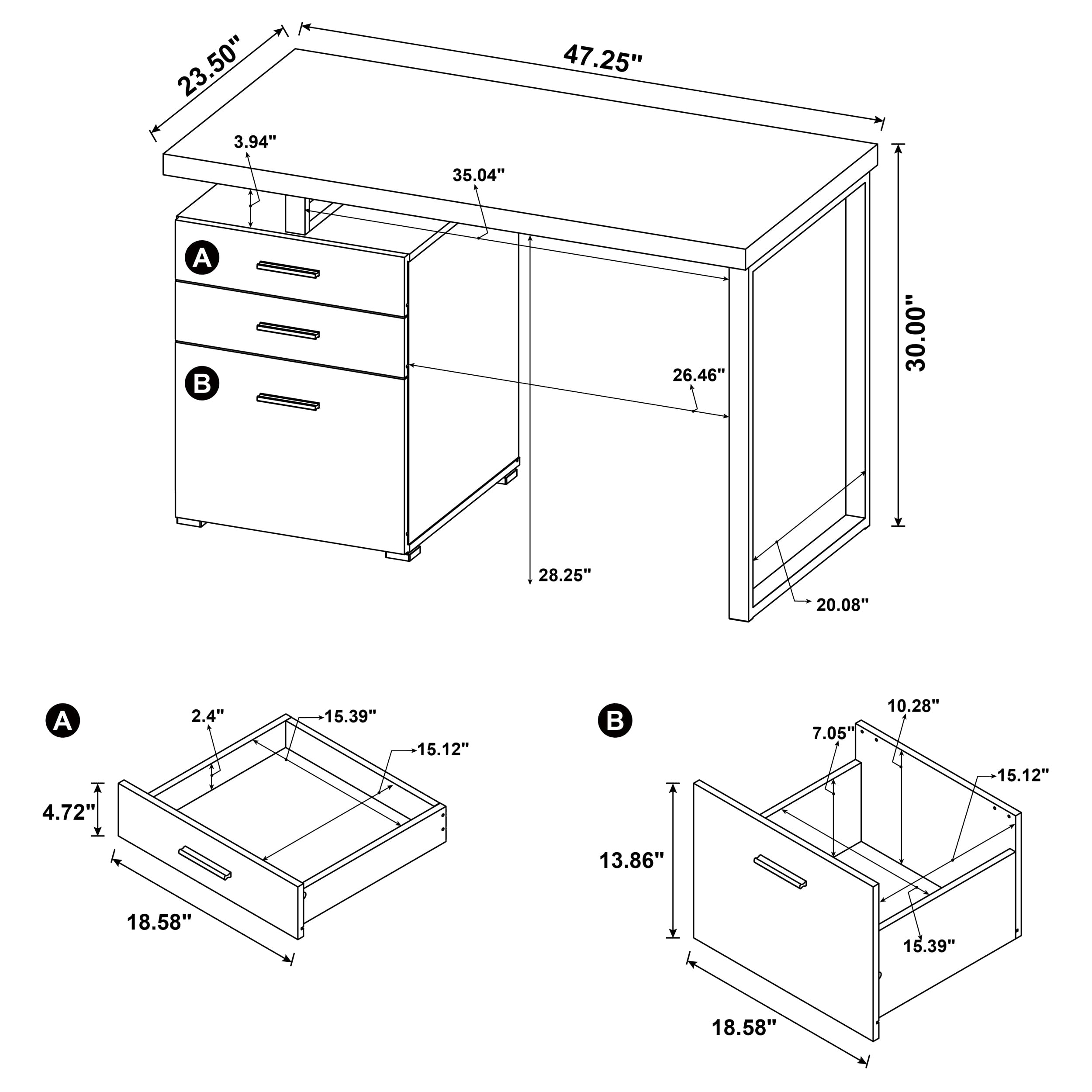 3-Drawer Computer Desk with File Cabinet