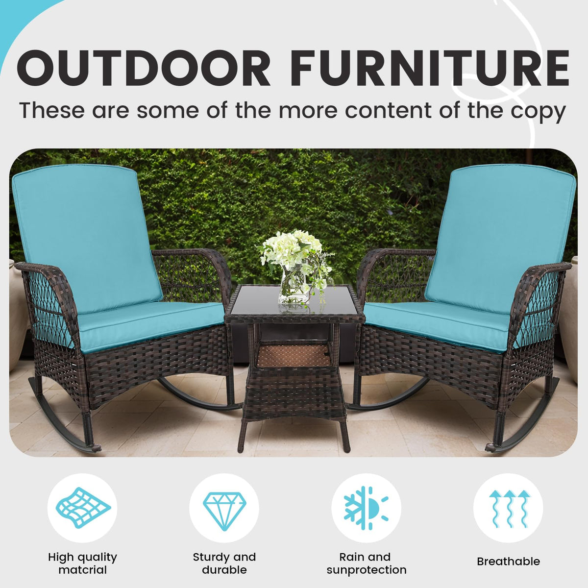 CHABATREE 3 pcs Rocking Bistro Set Conversation Chairs PE Wicker Outdoor Rocking Chairs (Lake Blue)