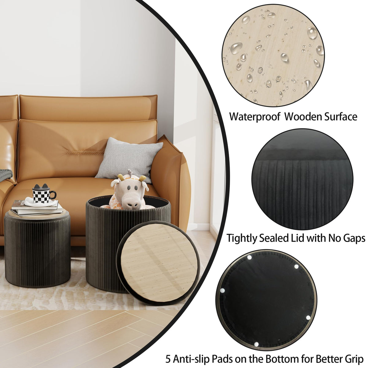 Black Velvet Storage Ottoman Set