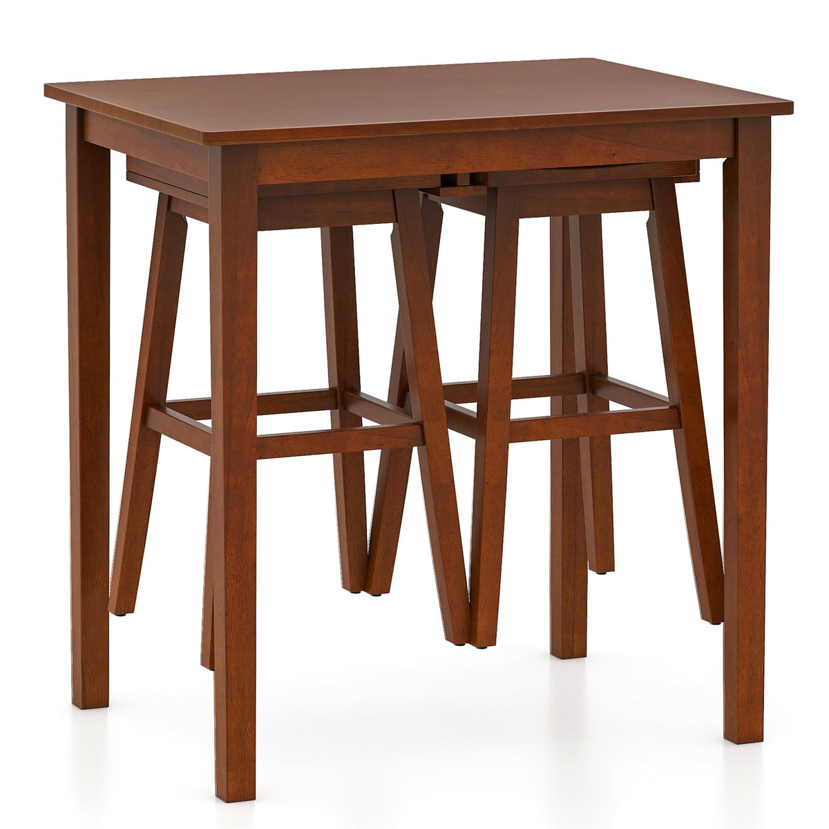Giantex Bar Table and Chairs Set - 3-Piece Counter Height Dining Table Set with Hangable Bar Stools, Wood Veneered Tabletop, Rubber Wood Legs, Space Saving Dinette Set, Breakfast Nook Table Set, Brown