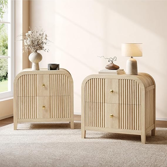 2-Drawer Wave-Fluted Nightstand with Curved Top