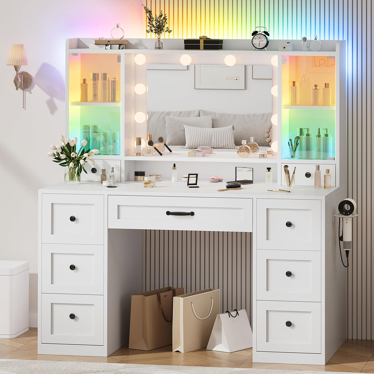 Makeup Vanity Desk with Mirror and Lights, 9 Storage Drawers, 2 RGB Cabinet