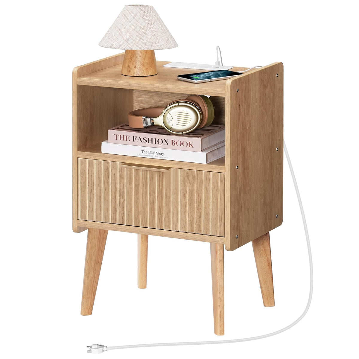 MAHANCRIS Natural Nightstand with Charging Station, Modern Fluted End Table