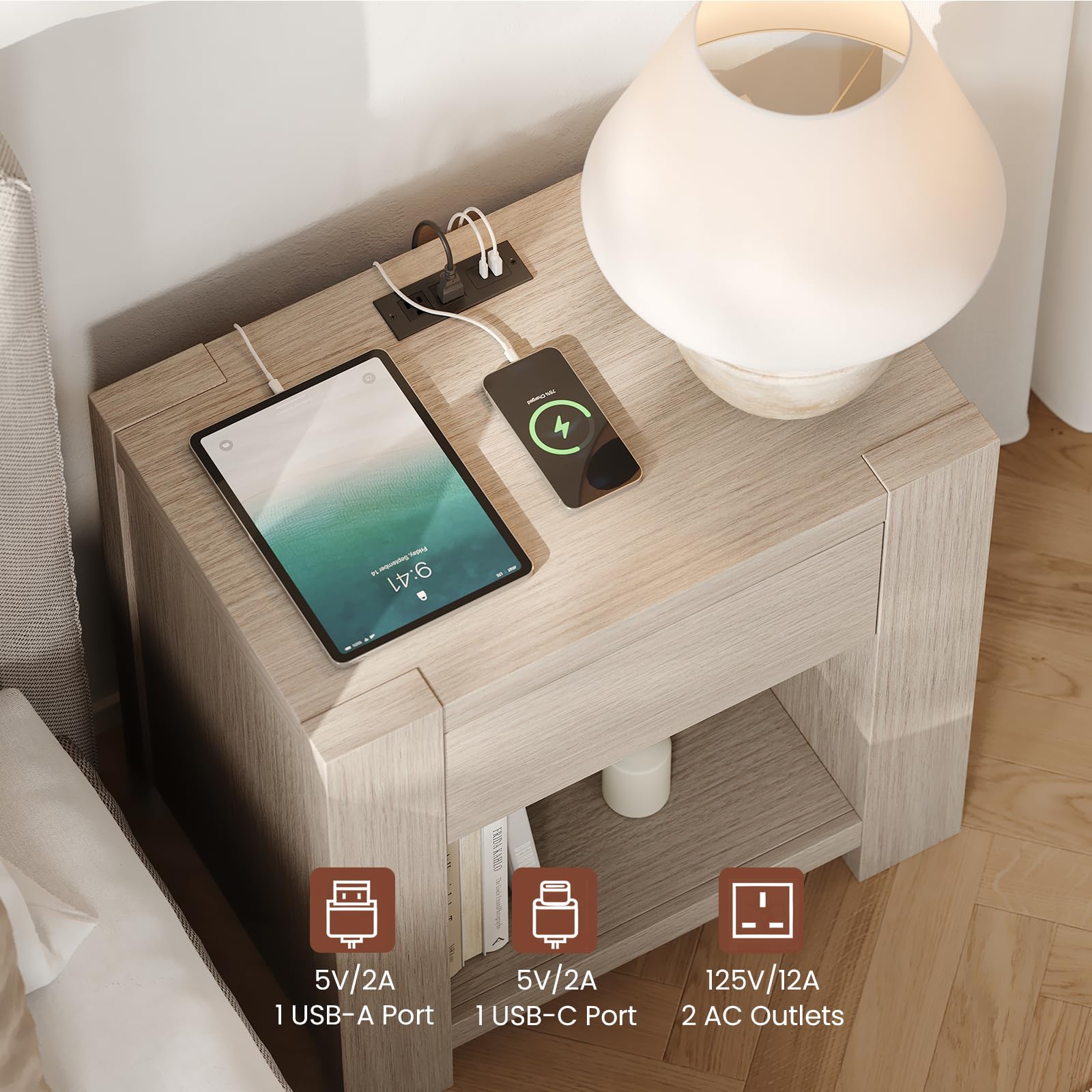 White Oak Nightstand with Charging Station & Drawer