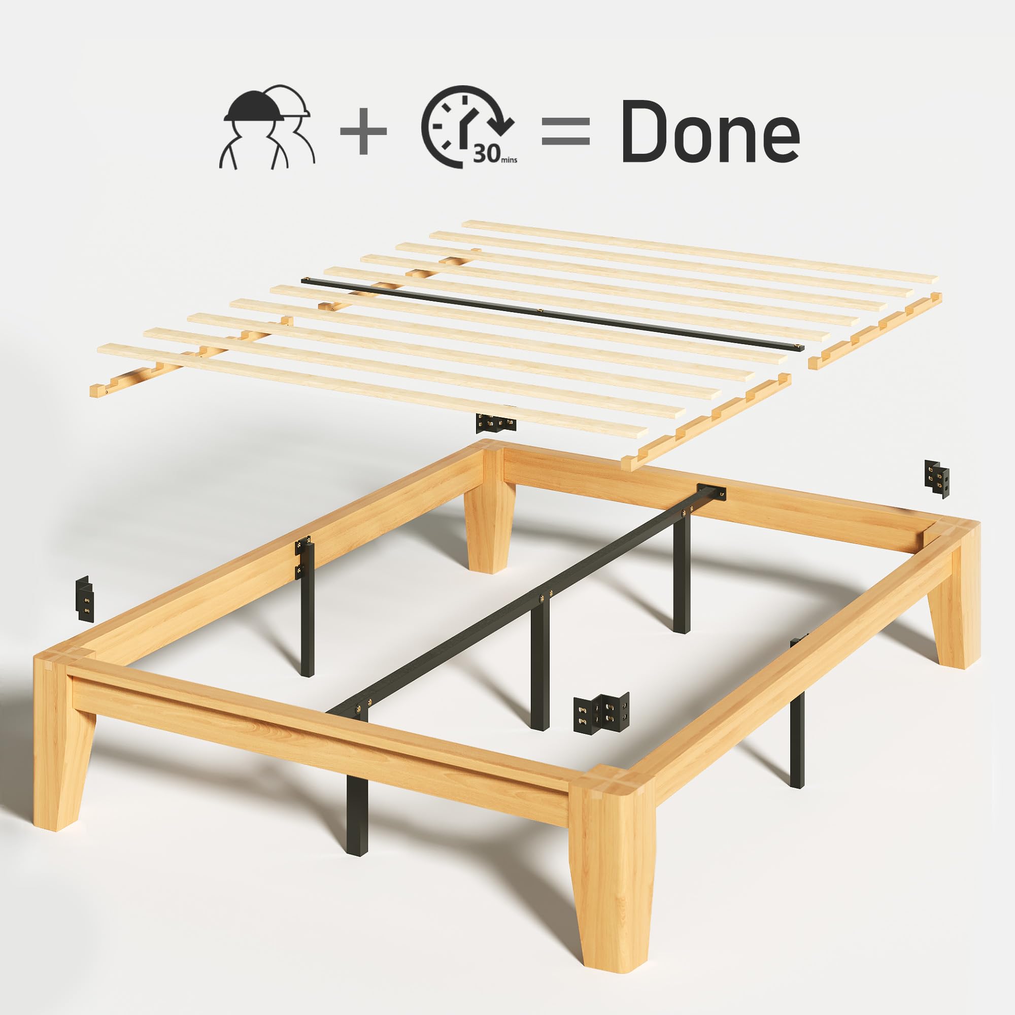 Lifezone Wood Queen Platform Bed Frame, Premium Solid Wood, Sturdy Structure, 3.78” Thickened & 14” Height Legs, Easily Assemble, Mortise & Tenon Joints Patterns, Natural