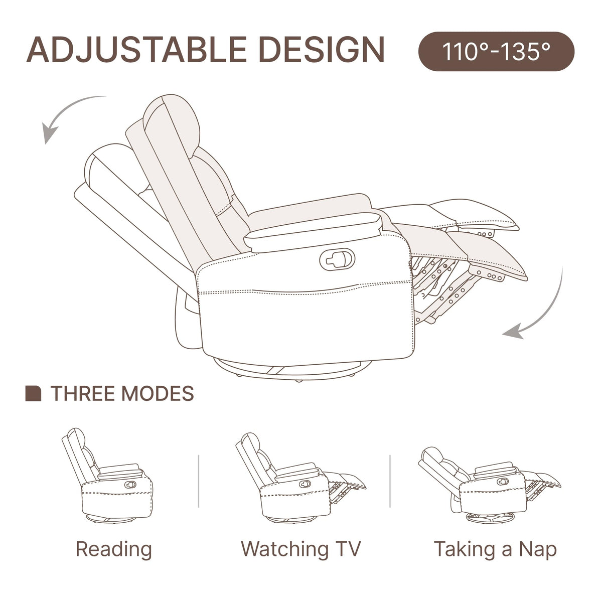KISLOT Compact Manual Swivel Recliner with Cup Holder, 360° Rotating Armchair Gentle Sway Living Room Chair with Foldable Tray Table Dual Cup Holders for Small Spaces
