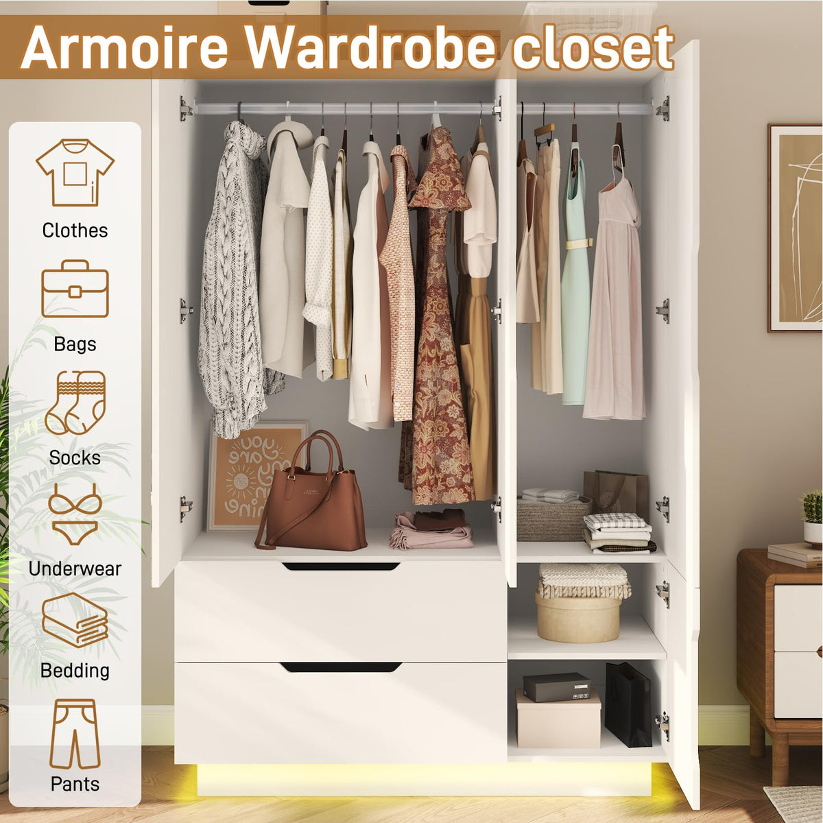 White Mirrored Wardrobe with LED Lights