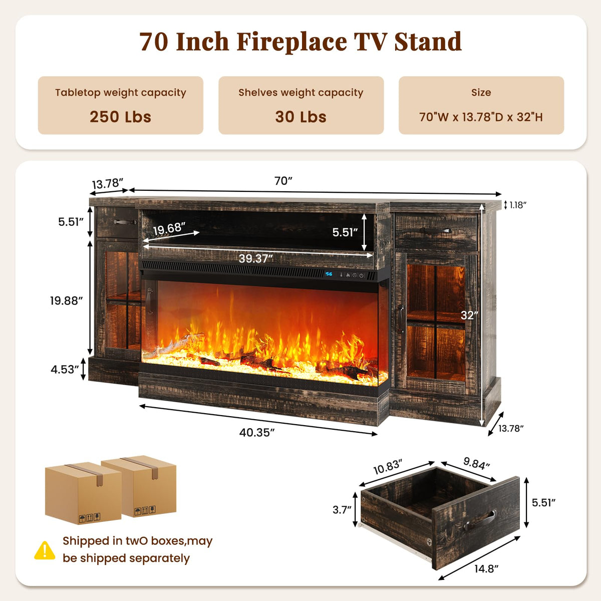 4 EVER WINNER 70" Fireplace TV Stand for TVs Up to 80", Farmhouse Entertainment Center with 3-Sided Glass Electric Fireplace, 2 Drawers, Storage Cabinets & Adjustable Shelves, Rustic Oak
