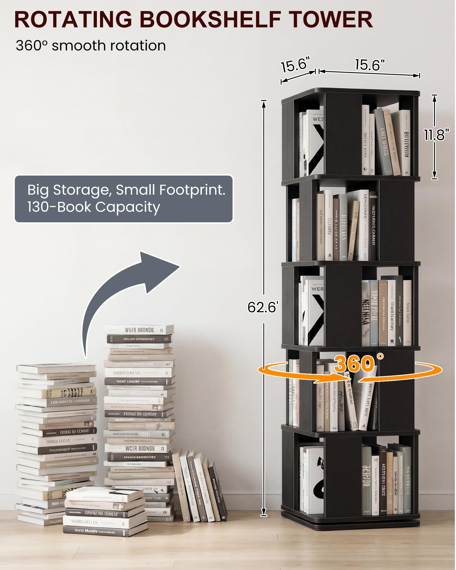Foxemart 5-Tier Rotating Bookshelf Tower, 360° Spinning Modern Book Storage Bookcase, Stable Display Corner Book Shelf for Kids Room, Living Room, Bedroom, Home Office, Black