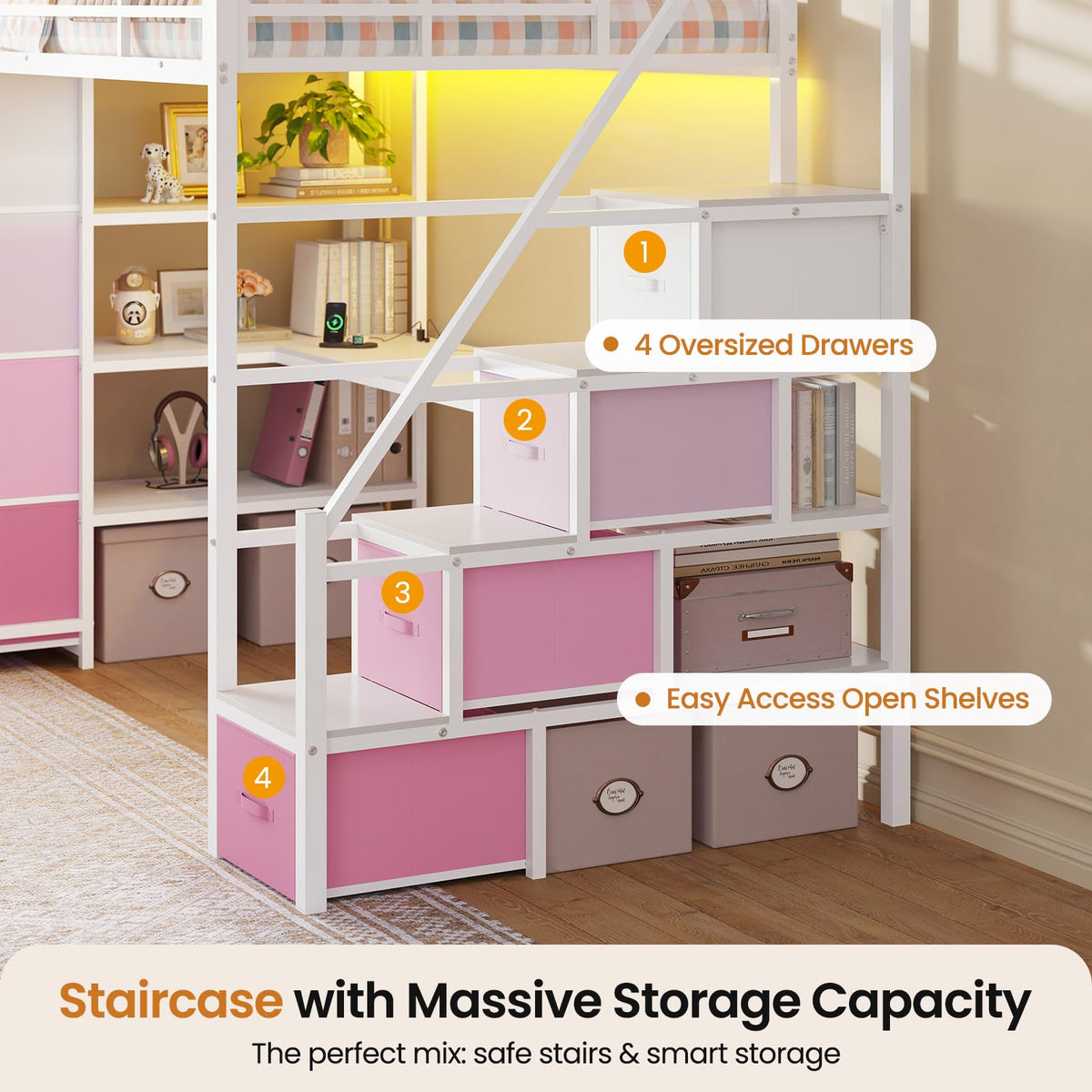 Twin Loft Bed with Desk and Storage Stairs