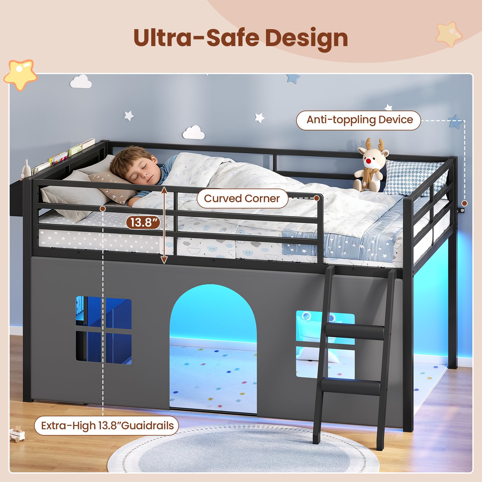 Kids Low Loft Bed with Tent, Storage & LED Lights