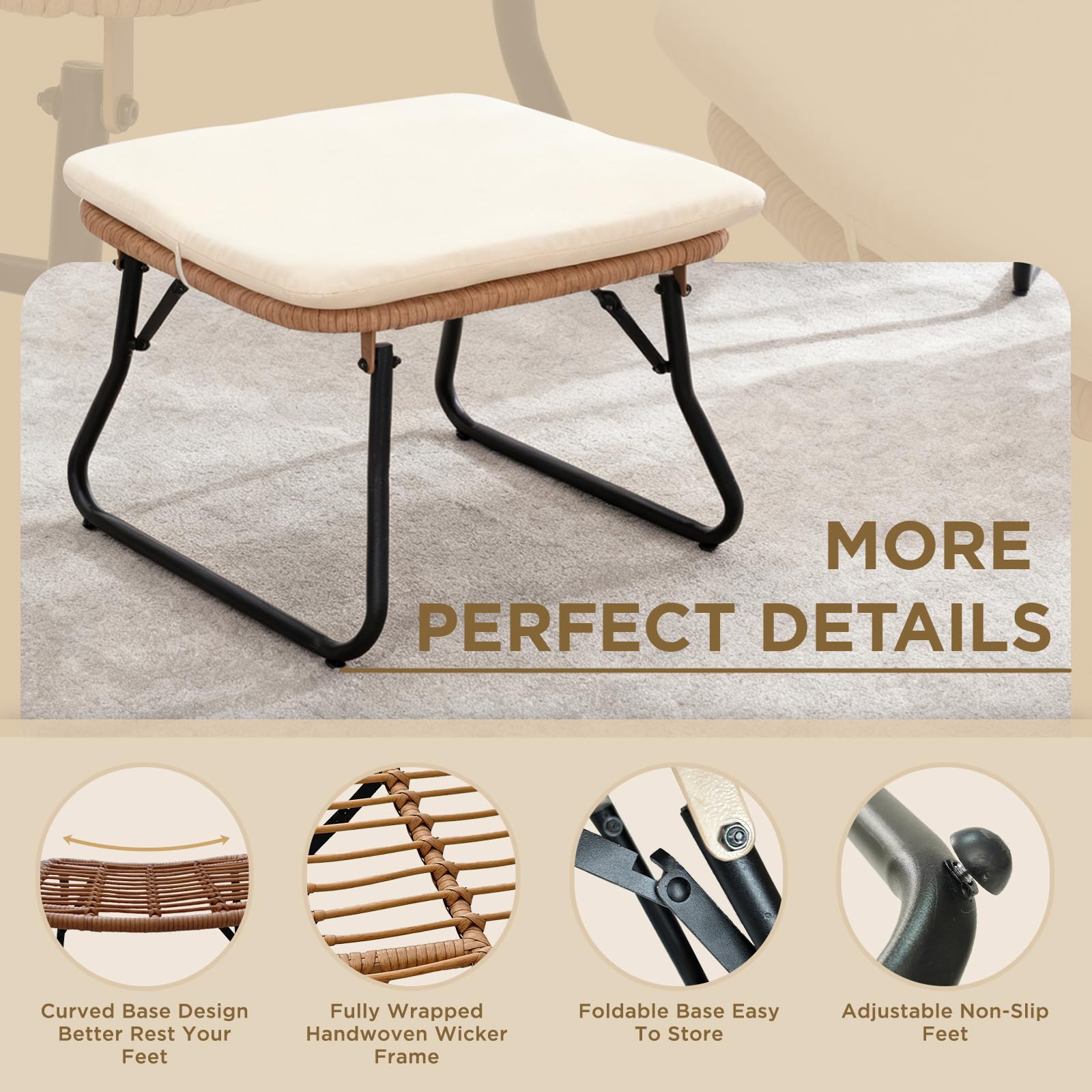 Outdoor Folding Wicker Ottomans with Cushion (Set of 2)