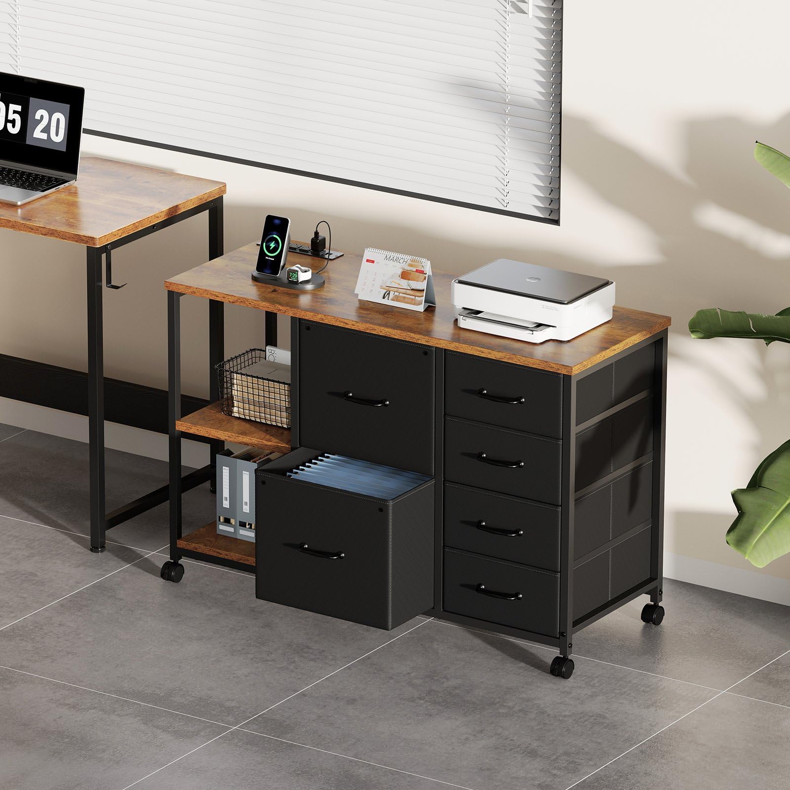 6-Drawer File Cabinet with Charging Station & Rolling Printer Stand
