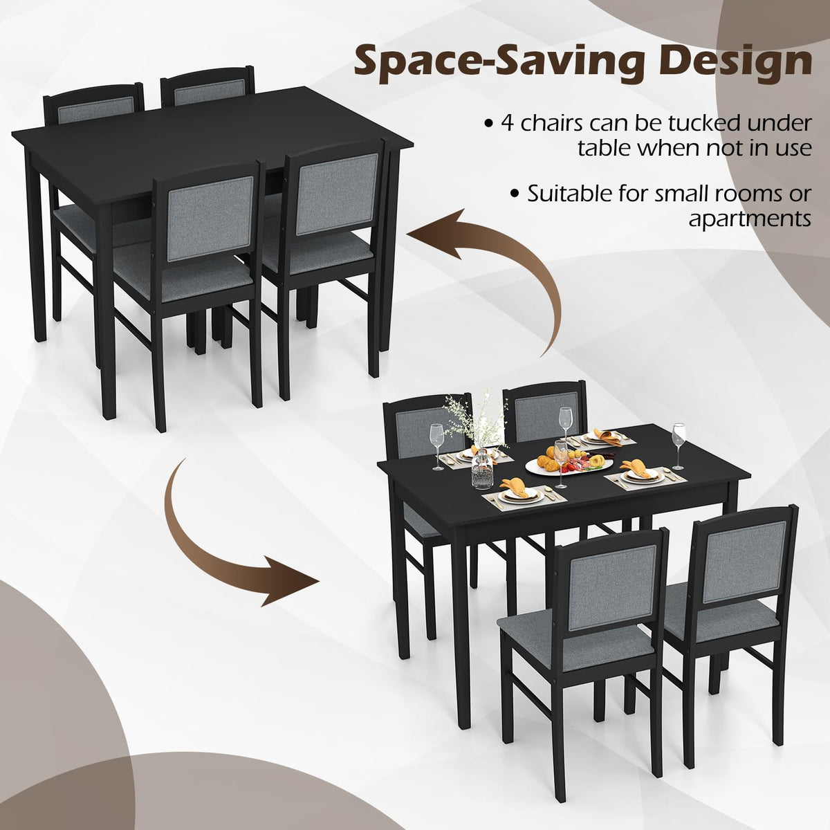 GIANTEX 5-Piece Dining Table Set for 4, Wooden Kitchen Table and Chairs with Solid Rubber Wood Legs, Padded Seat & Backrest, Space Saving Dinette Set for Home Dining Living Room, Breakfast Nook