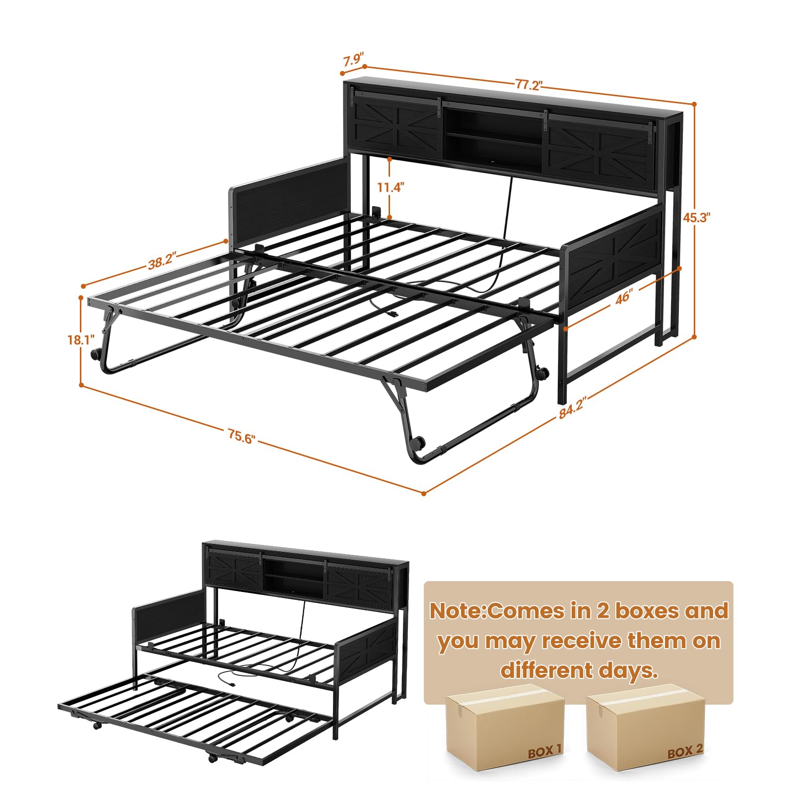 Homieasy Twin Daybed with Pop Up Trundle, Farmhouse Twin Bed with Bookcase Headboard and Charging Station, Black