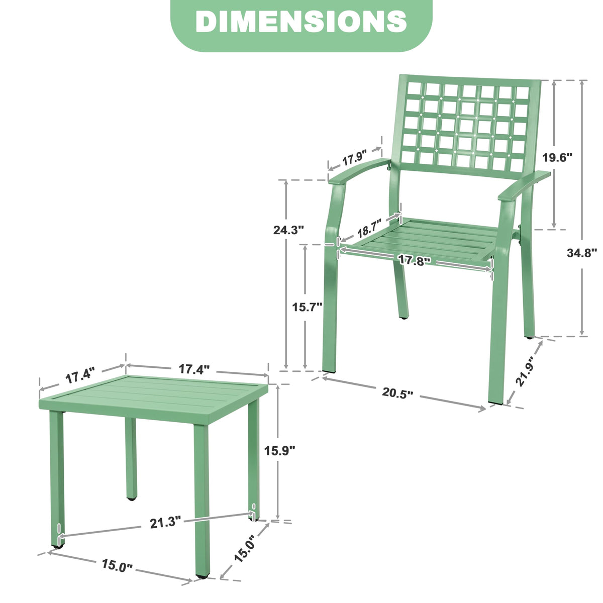 NUU GARDEN 3 Pieces Outdoor Bistro Set, All-Weather Patio Furniture with 2 Metal Stackable Chairs and Square Table, Waterproof Set for Balcony, Porch, Garden, Deck, Green