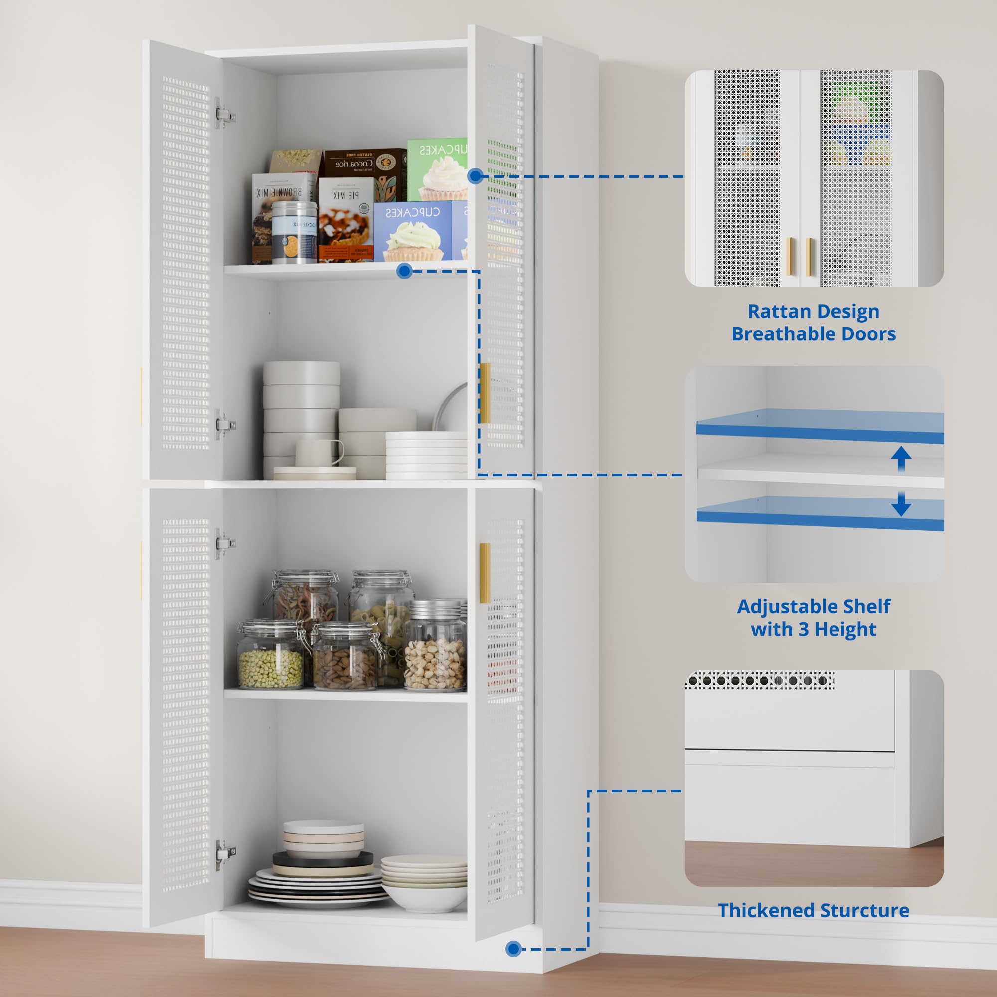 Cozy Castle Kitchen Pantry Cabinet, 71" Tall Rattan Doors Storage Cabinet and Adjustable Shelves, Modern Farmhouse Wood Cupboard Utility Hutch for Kitchen, Dining Room, Living Room (White)