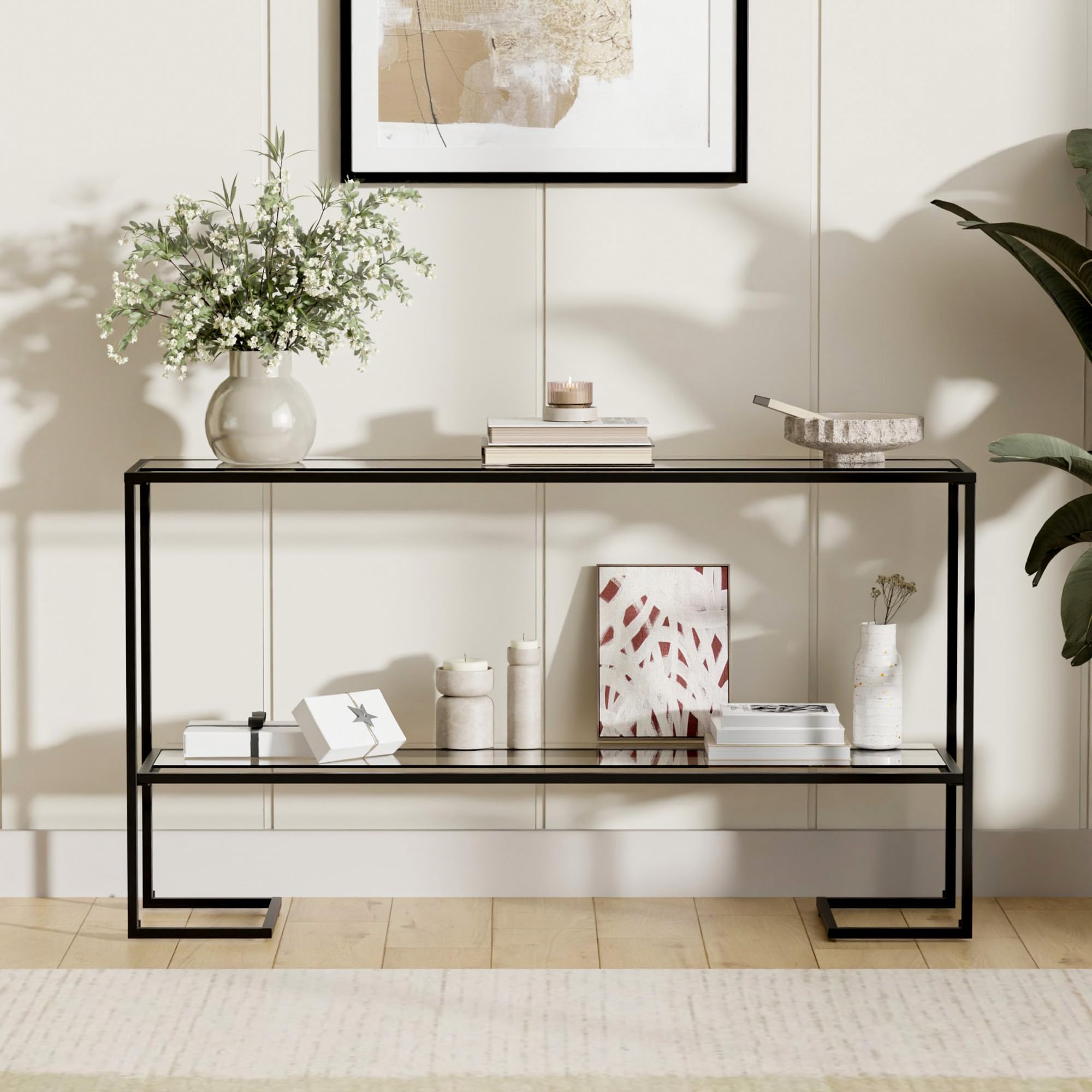 Cozy Castle 52" Entryway Table, 2-Tier Narrow Console Table with Tempered Glass & Sturdy Metal Frame, Modern Sofa Table with Storage Shelves for Entryway, Hallway, Foyer, Living Room, Black