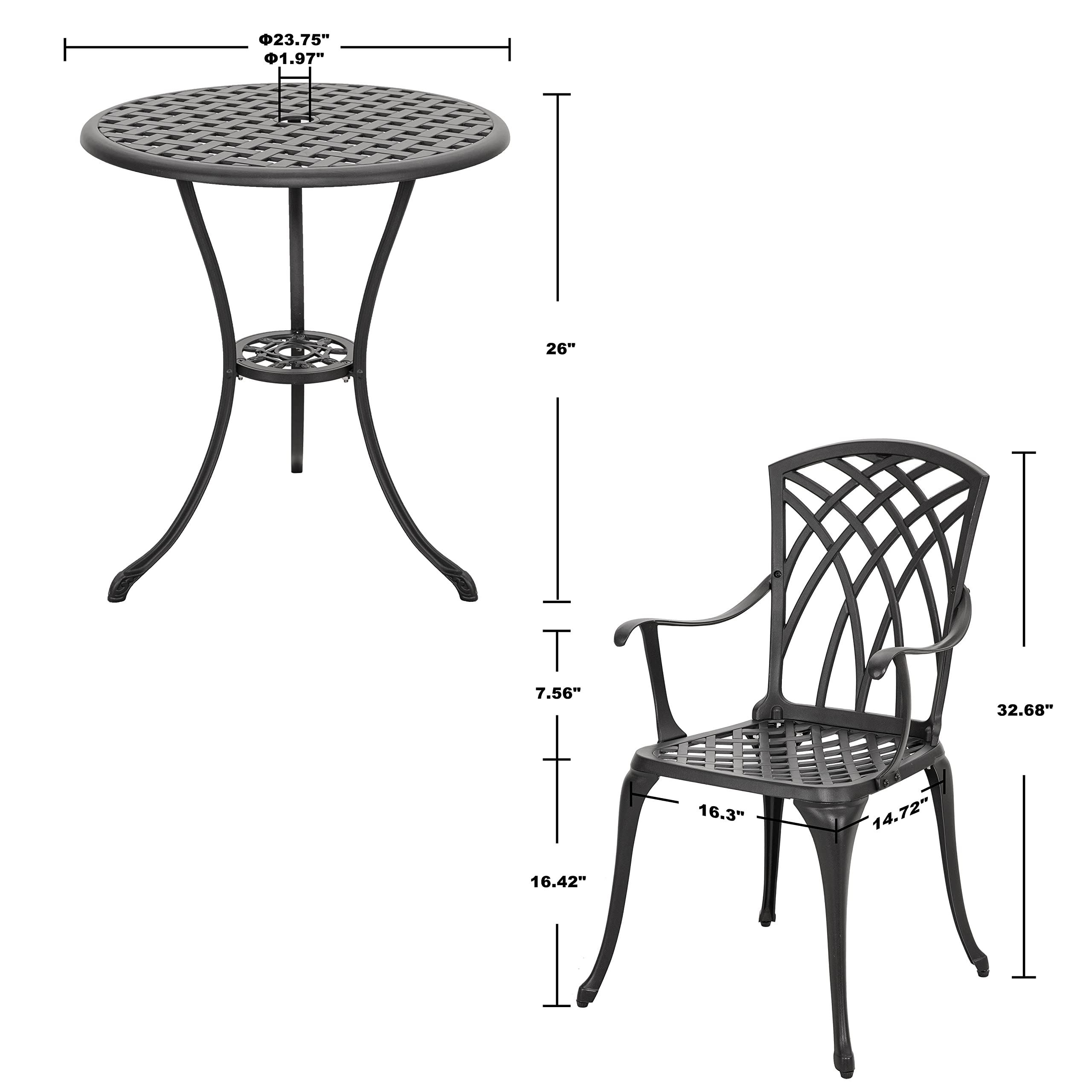 3-Piece Patio Bistro Set – Cast Aluminum Table & Chairs with Umbrella Hole
