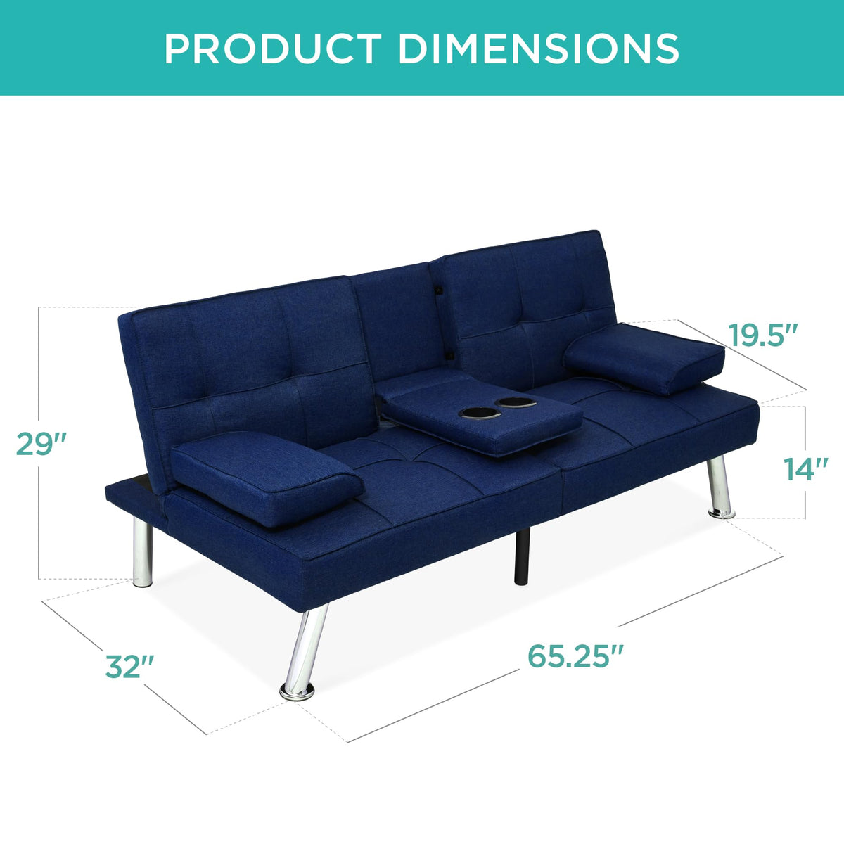 Best Choice Products Linen Modern Folding Futon, Reclining Sofa Bed for Apartment, Dorm w/Removable Armrests, 2 Cupholders - Dark Blue