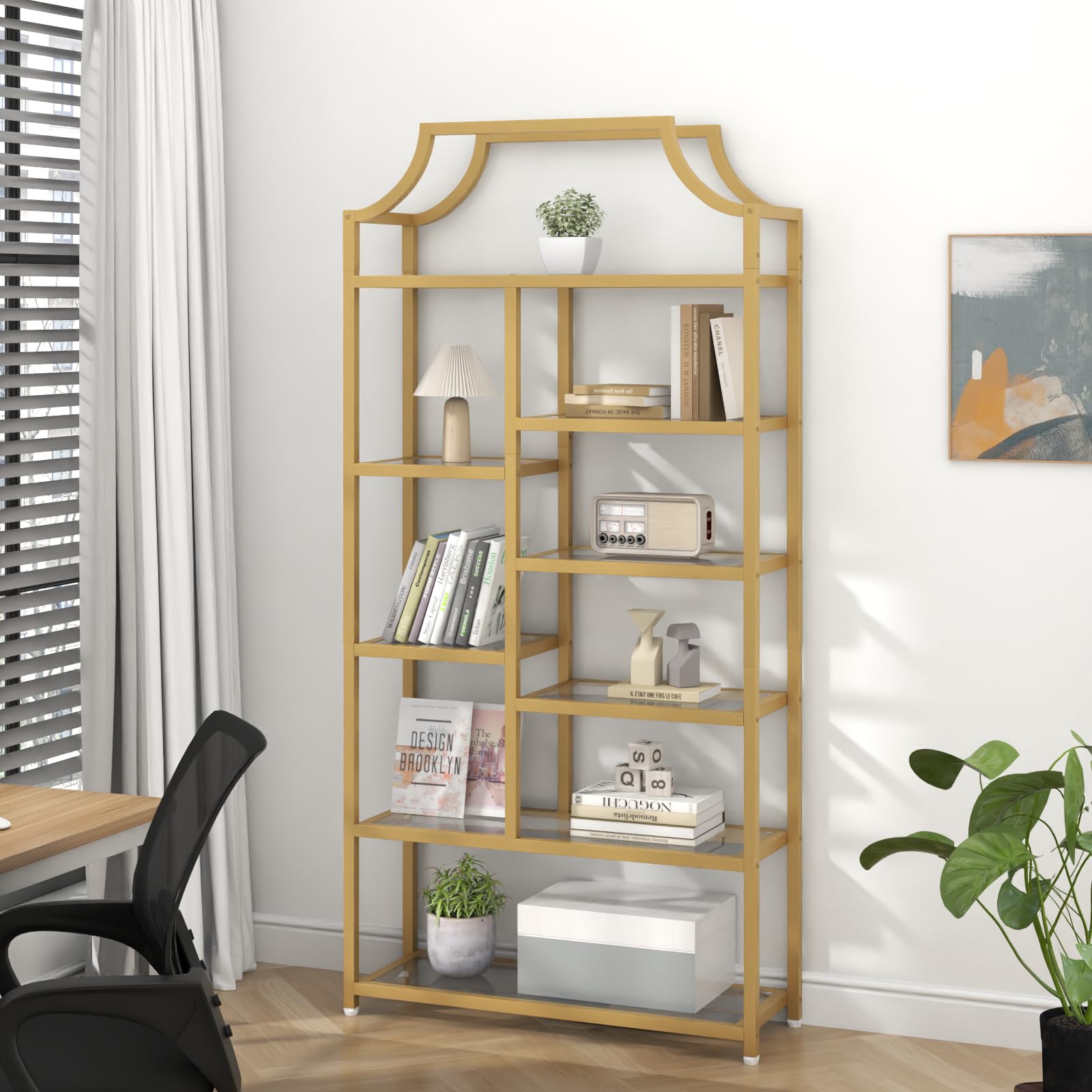 8-Tier Tempered Glass Etagere Bookshelf – Gold Metal Frame