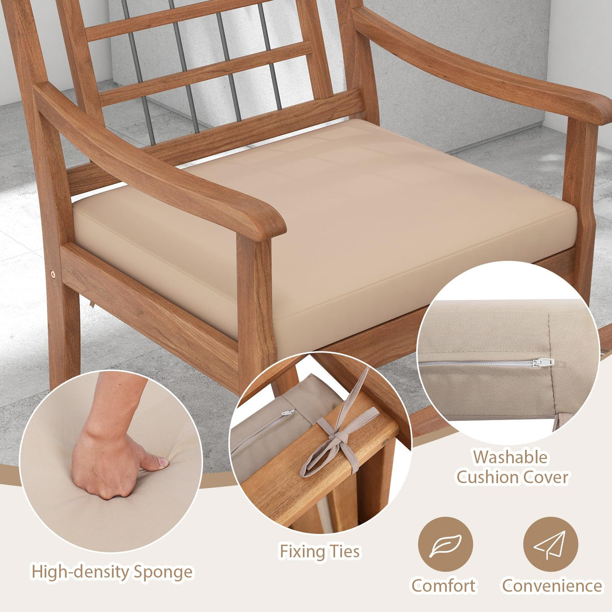 Tangkula 3 Piece Wood Patio Furniture Set, Outdoor Bistro Set w/Soft Seat Cushions, Solid Acacia Wood Frame, 2 Armchairs & Coffee Table Set for Backyard, Porch, Poolside (Off White)