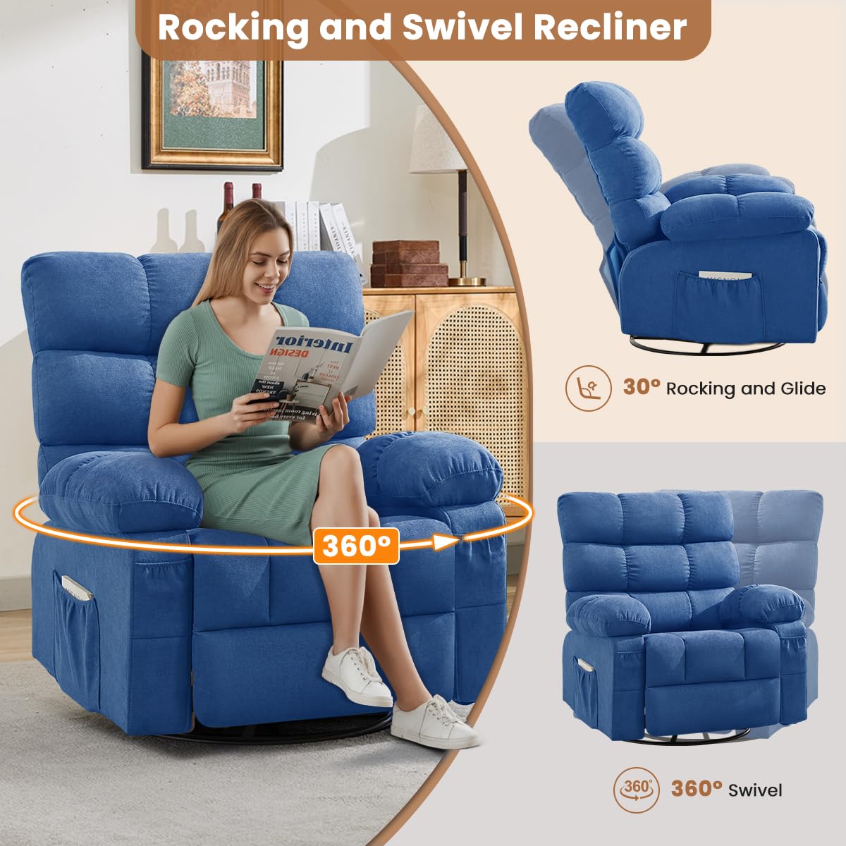 Swivel Rocker Recliner Chair for Adults, 360° Upholstered Manual Recliners for Small Spaces, Single Seat Glider Reclining Chair with Side Pockets, Ergonomic Reading Chair for Living Room, RV, Bedroom