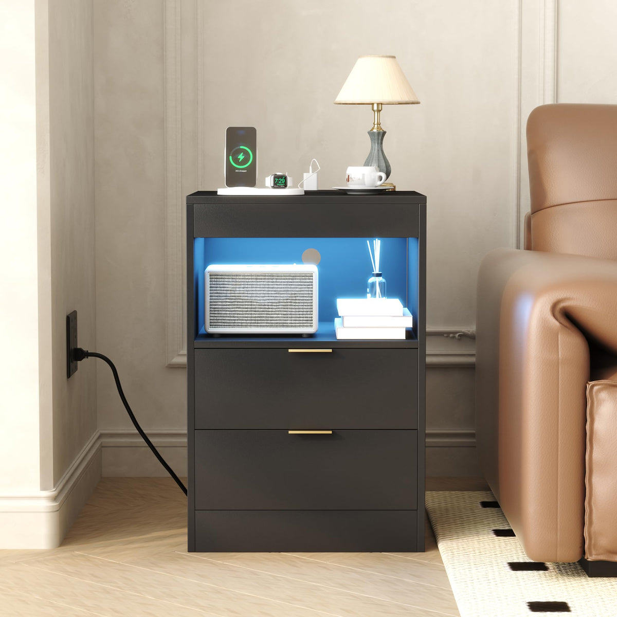 Yusong Nightstand, LED Nightstand with Charging Station, Black