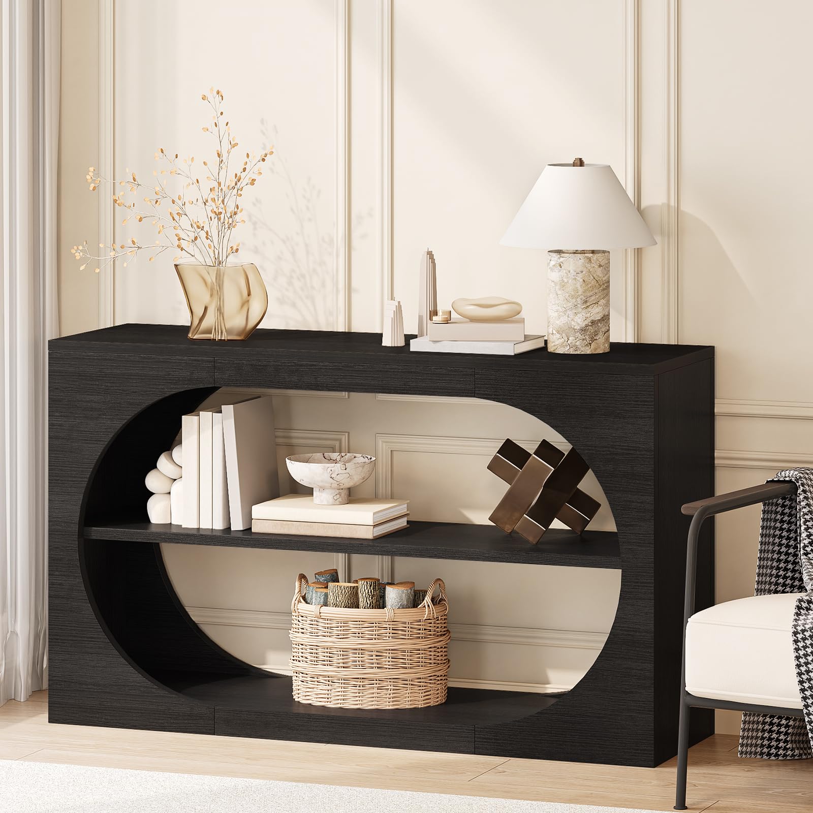 Tarnorci 55-Inch Entryway Table with Storage, 3-Tier Console Tables, Behind Couch Table Wood Narrow Console Tables for Entryway, Living Room, Foyer, Hallway, Entry (Black)