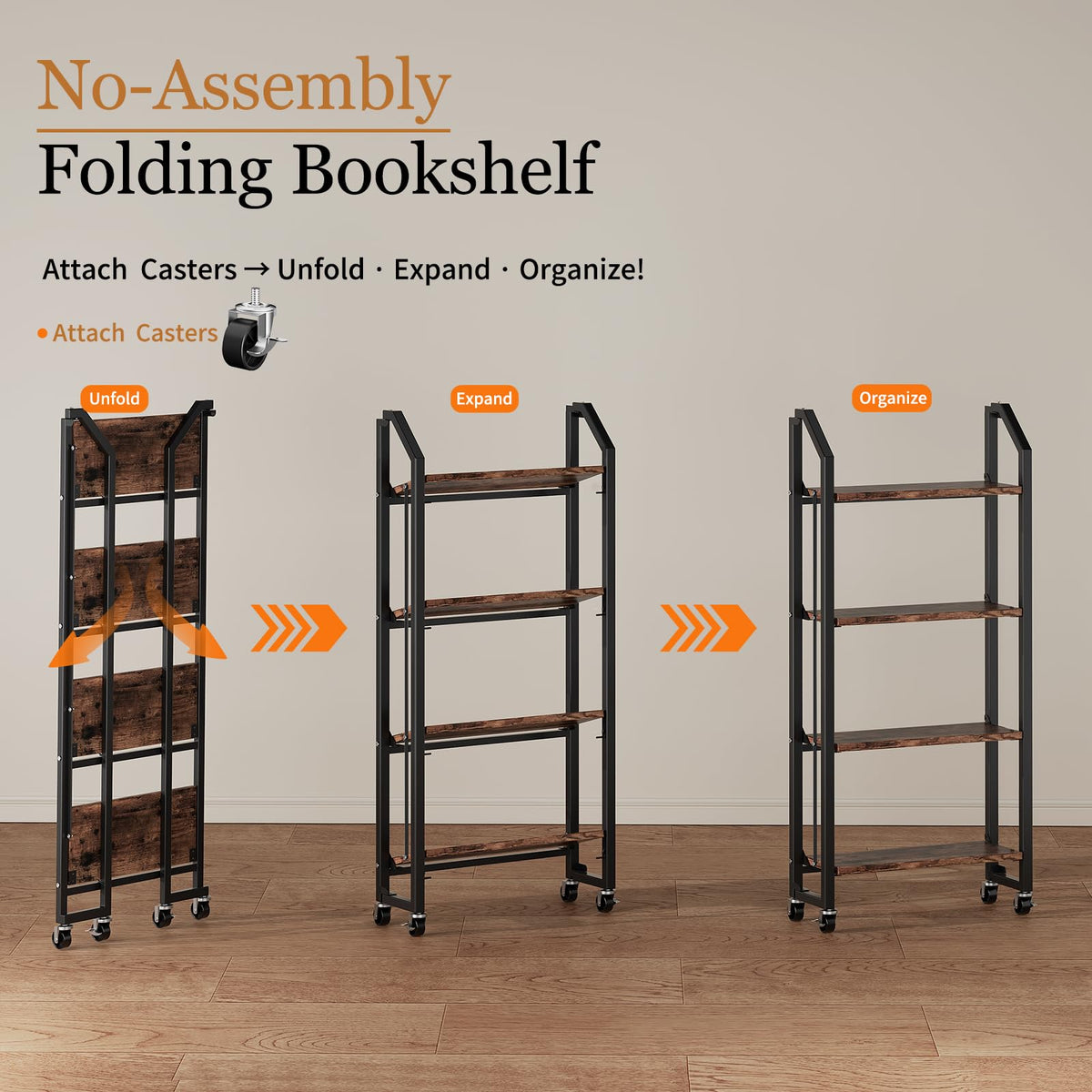 VYRIVA No Assembly Folding Bookshelf for Living Room, 4 Tier Collapsible Book Shelf for Home Office, Portable Bookcase Storage Organizer