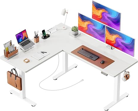 L-Shaped Electric Standing Desk with Power Outlets – 63 x 55 Inch
