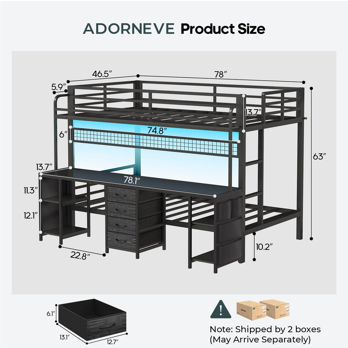 Twin Bunk Bed with Desk & LED Lights