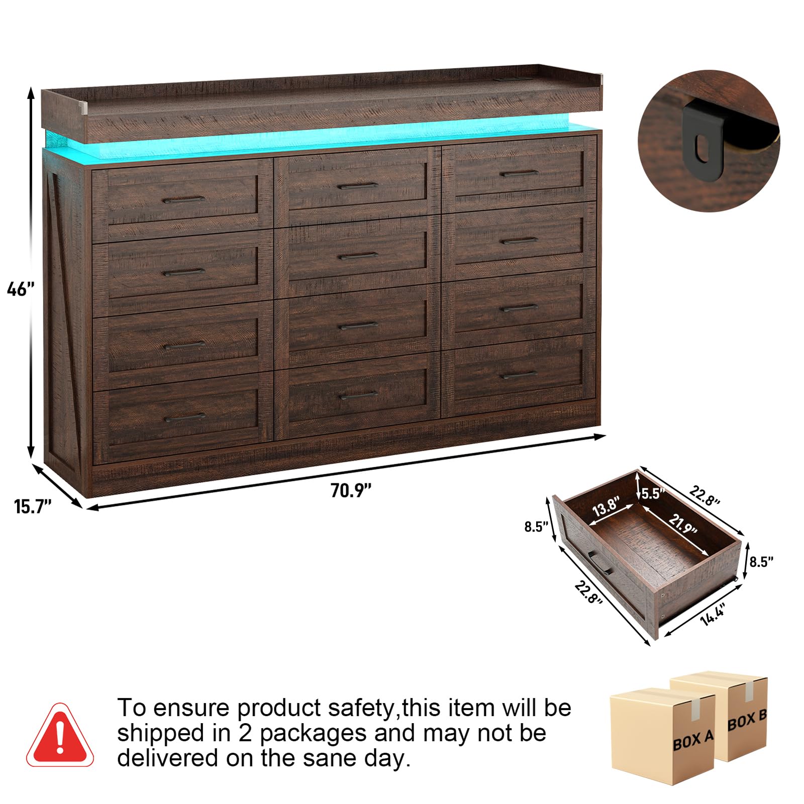 Farmhouse 12-Drawer Dresser with LED Light & Power Outlets
