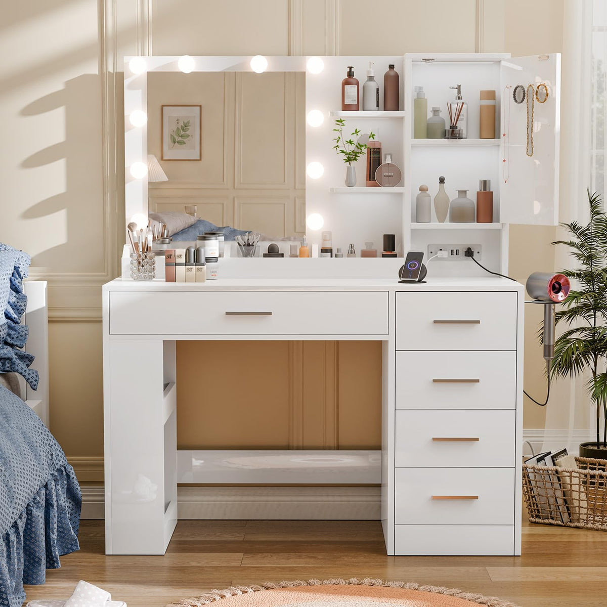 White Makeup Vanity with LED Mirror