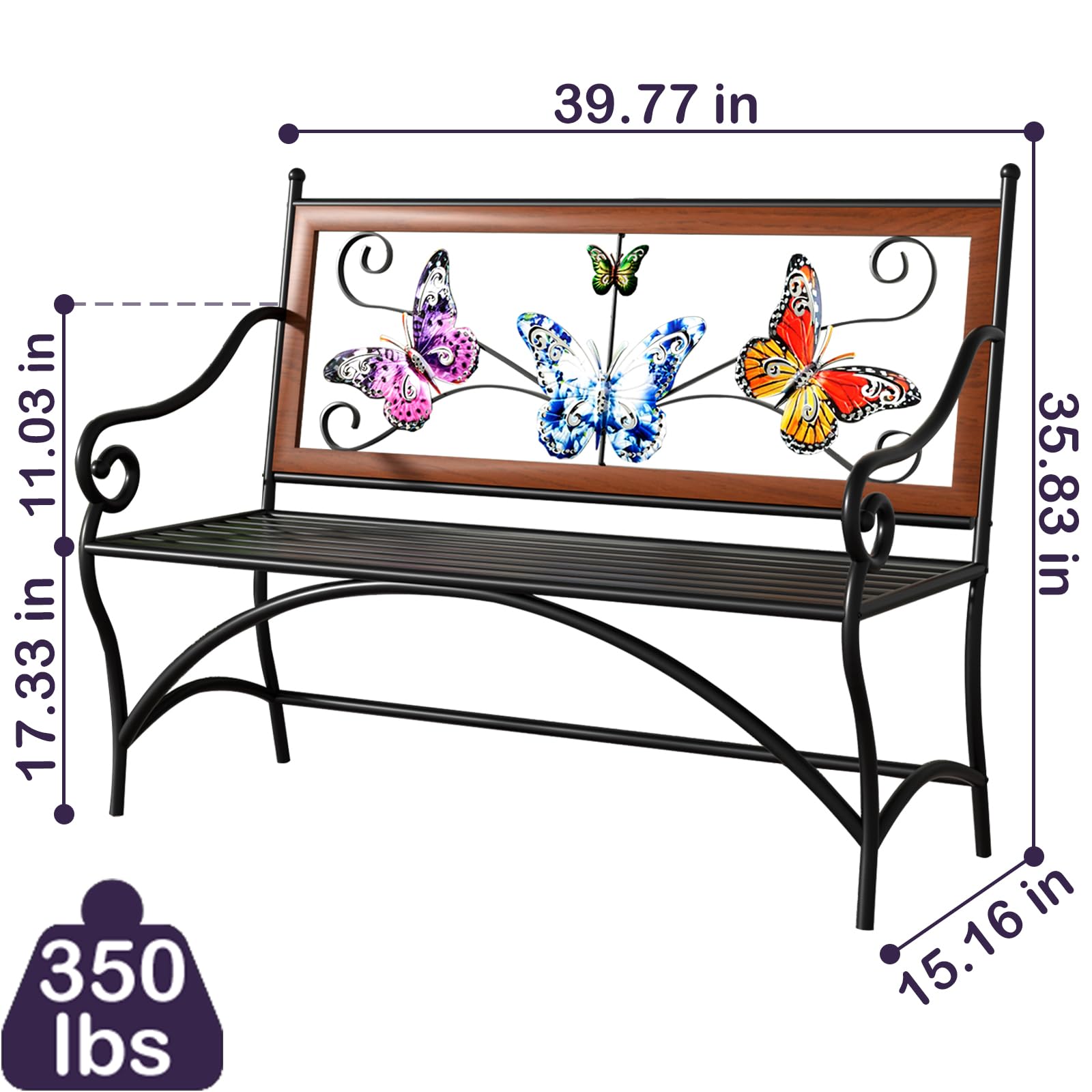 Outdoor Garden Bench with Armrest & Butterfly Backrest