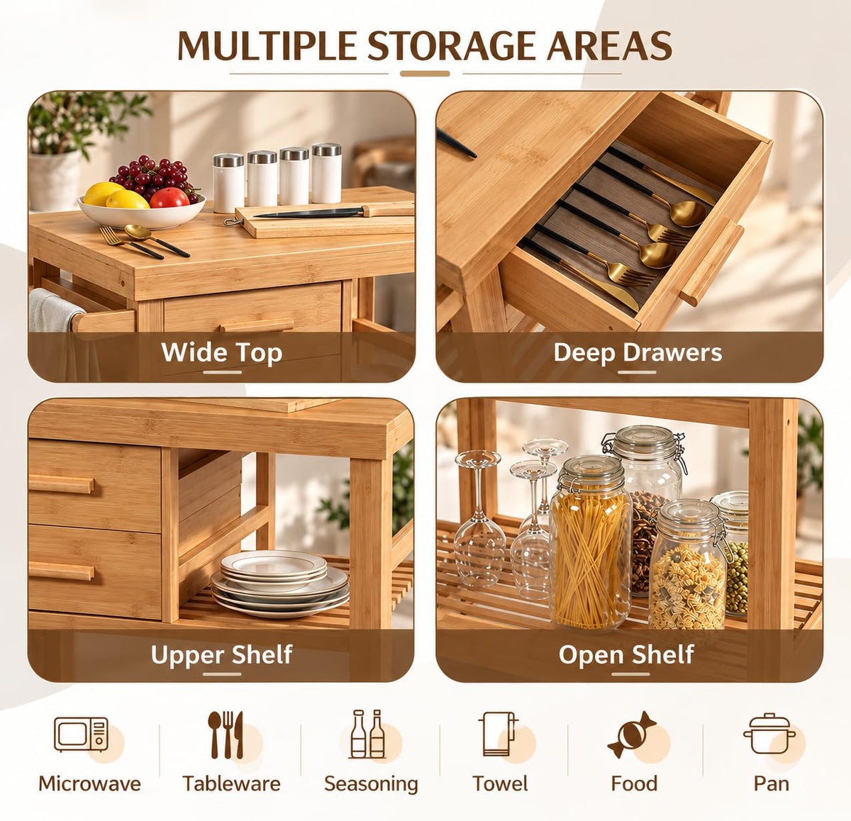 SILKYDRY Kitchen Island, Rolling Butcher Block Kitchen Cart with Storage