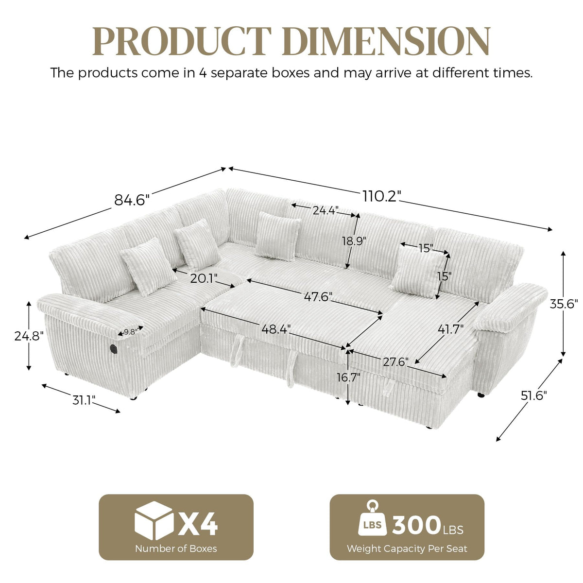 Flyida 110" Sectional Sleeper Sofa with Pull Out Bed, Storage Chaise & USB Charging, U Shaped Plush Corduroy Beige Sectional Couches for Living Room, Comfy Convertible 7 Seat Cloud Sofa Bed, Beige