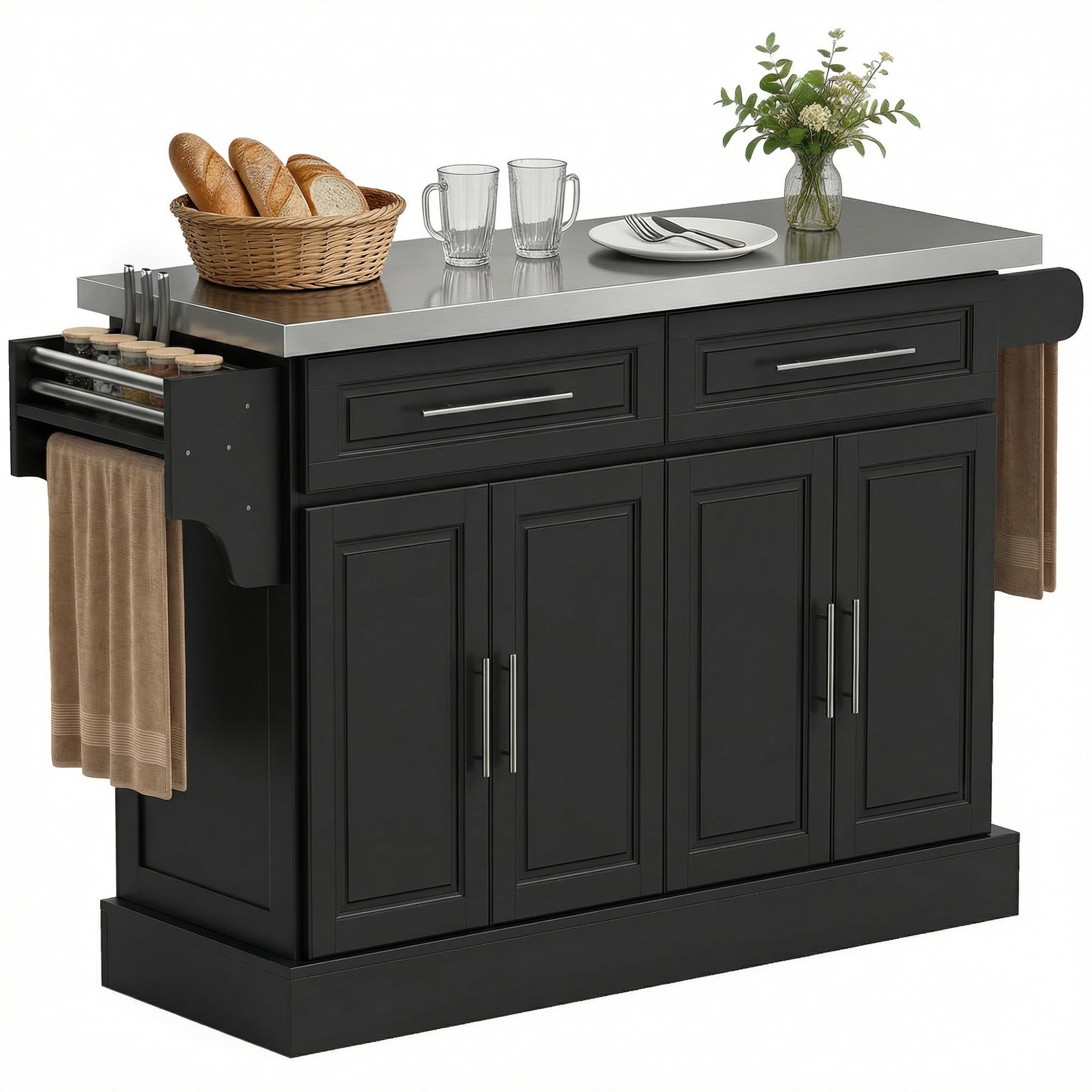 HOMCOM Rolling Kitchen Island Cart with 47" Stainless Steel Top, Portable Island Table for Kitchen with Wheels, Adjustable Shelves, 2 Drawers, Spice, Knife and Towel Rack, Black
