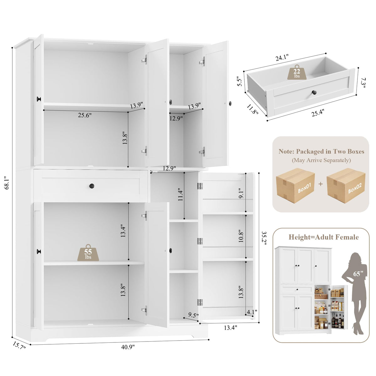 HOSTACK 68" Tall Kitchen Pantry Storage Cabinet with Doors & Shelves, White