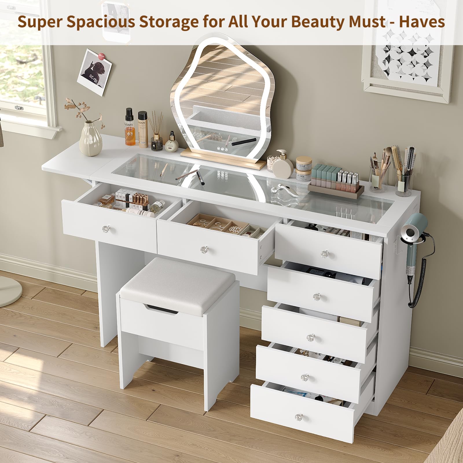 Vanity Desk with 7 Drawers and Charging Station, Glass Top Dressing Table with Foldable Side Shelf and Stool, Modern Makeup Vanity with Storage for Bedroom, White