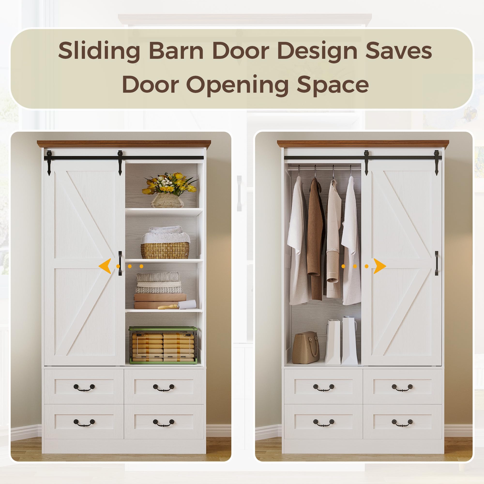 Sliding Barn Door Wardrobe with Drawers & Hanging Rod