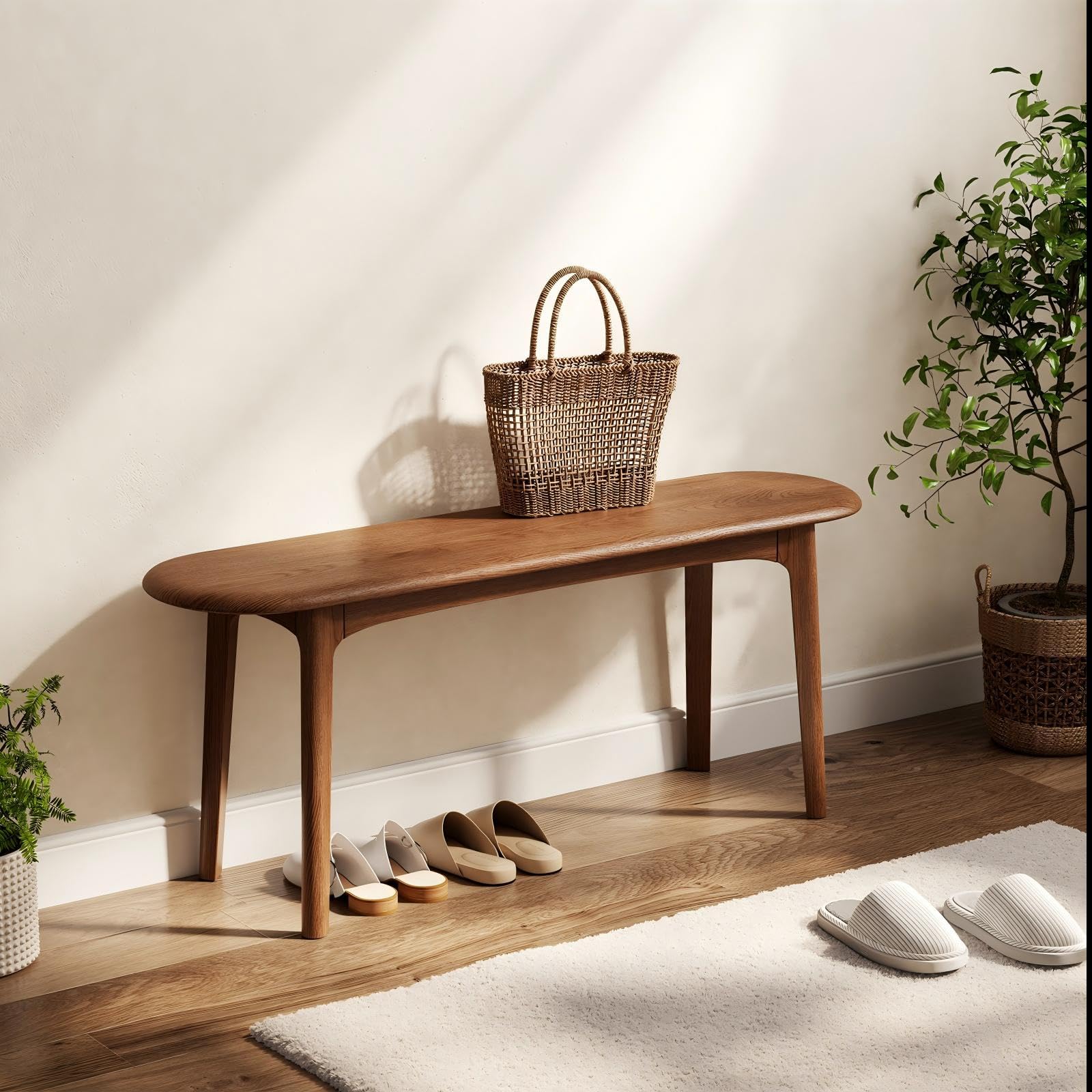 DONGMUWUEJEE 100% Solid Wood Dining Bench, Wood Bench for End of Bed with Rounded Corners, Entryway Benches for Farmhouse, Kitchen, Living Room and Plant Stand (Walnut, 39.4" D x 11.8" W x 19.7" H)