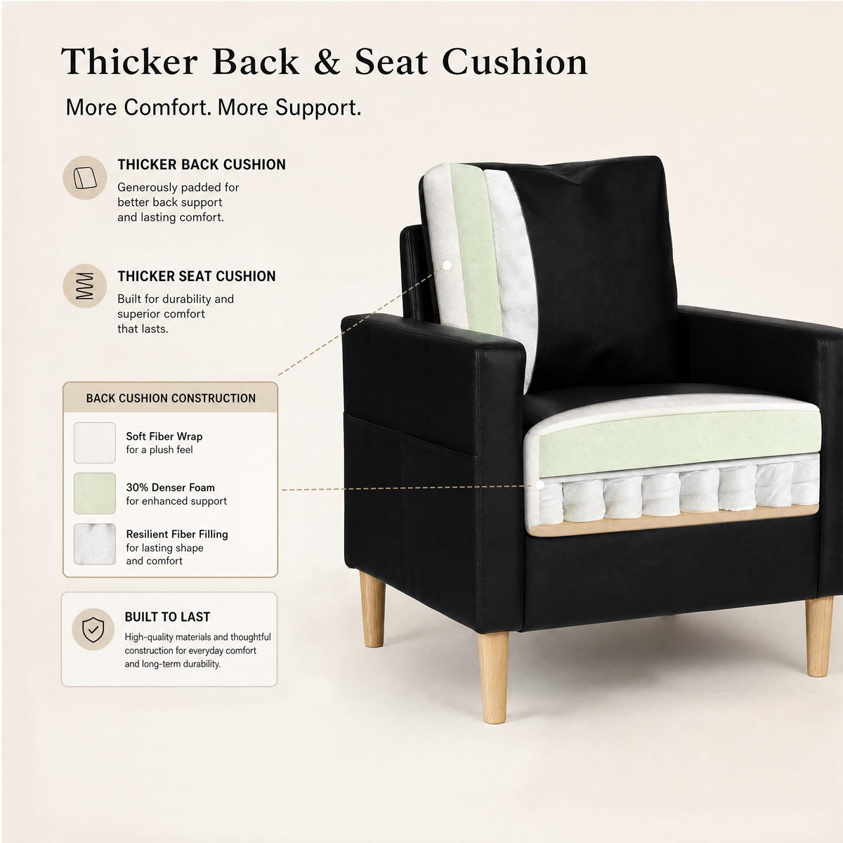 Black Faux Leather Accent Chair Set of 2, Modern Armchair for Living Room