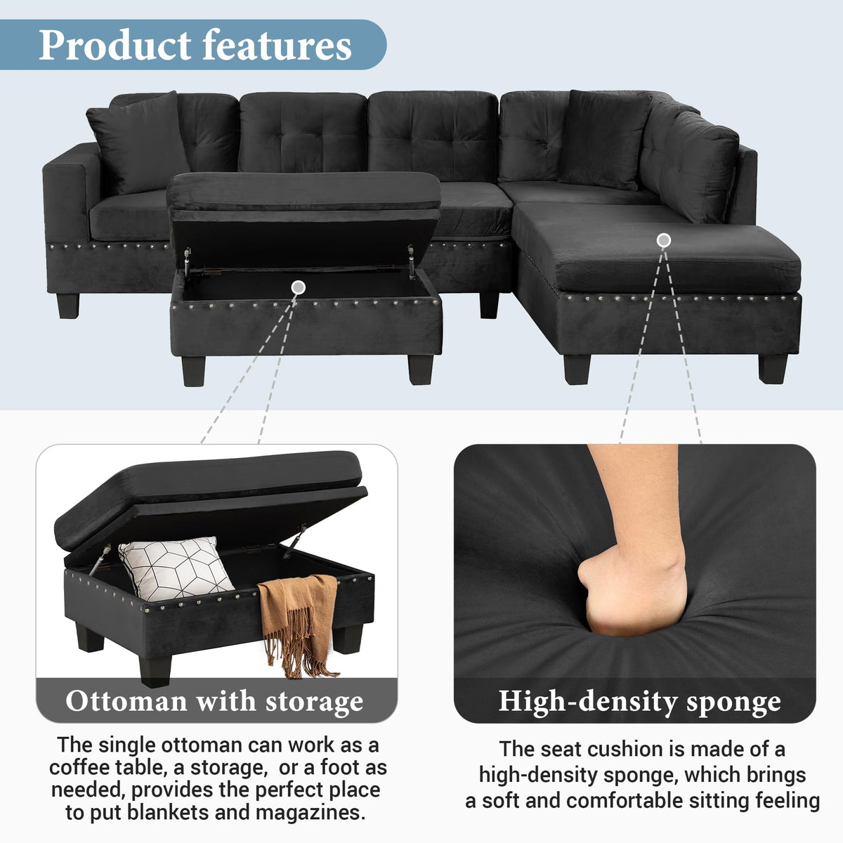 Reversible Chaise Sectional with Storage Ottoman