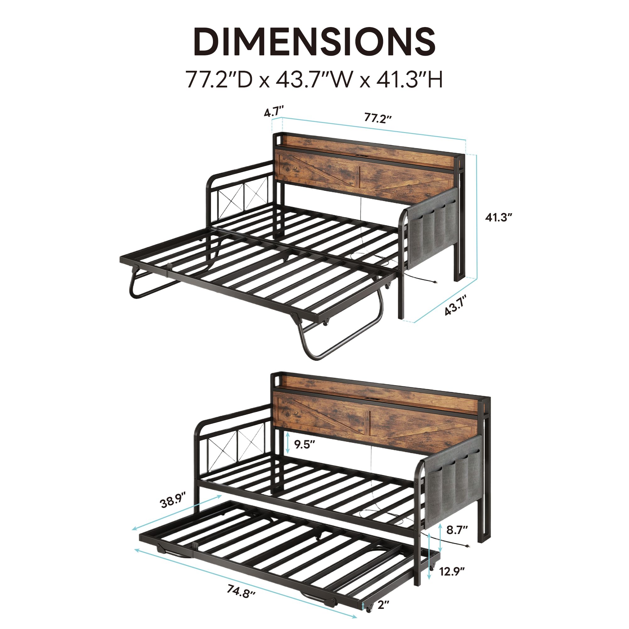 LIKIMIO Twin Daybed, Daybeds with Pop Up Trundle, Storage Headboard with Charging Station, Strong Supports for Apartment and Other Small Space, Industrial Brown