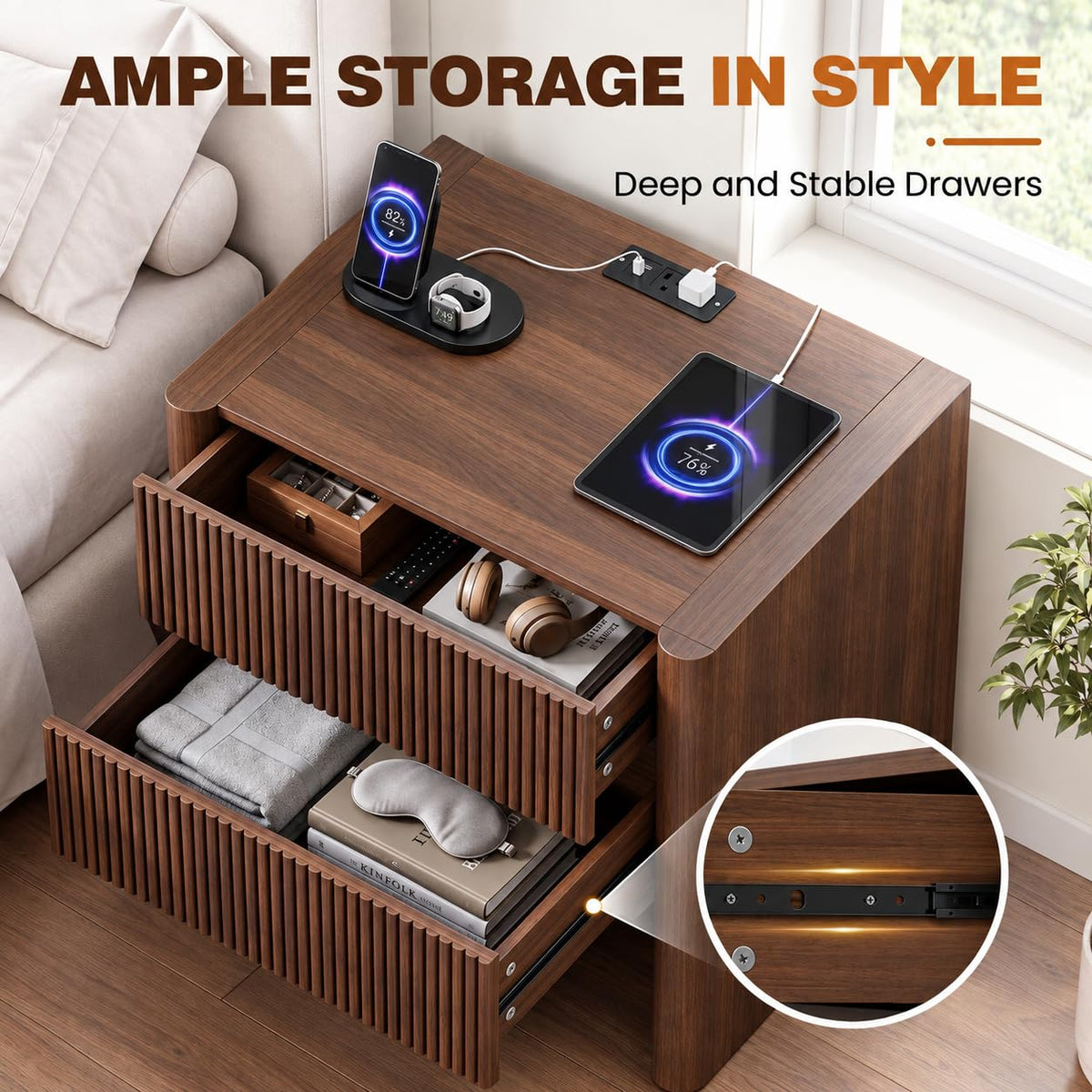 Apicizon 23.6'' Wide Fluted Nightstand with Charging Station, Walnut
